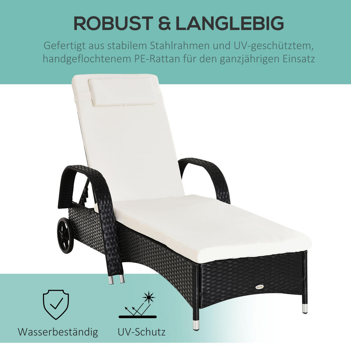 SONNENLIEGE, Polyrattan+Metall, Schwarz - Multicolor, Kunststoff (73/103/200cm) - Outsunny