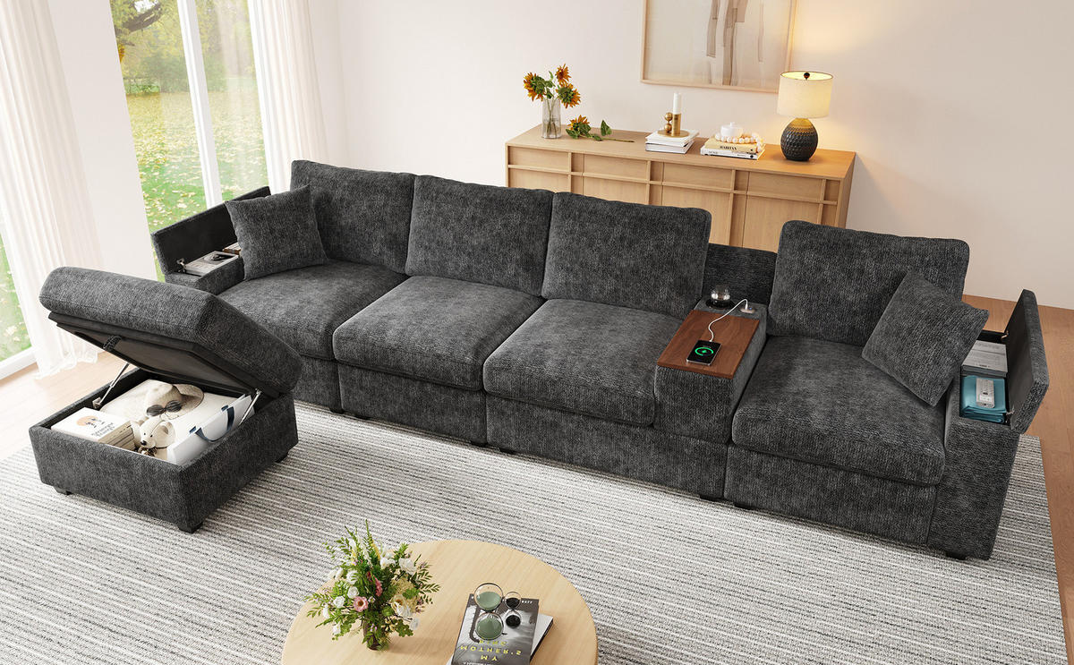 ECKSOFA 313/147/82 cm aus Chenille mit Stauraum, USB/Typ-C und drehbarem Couchtisch Grau - Grau, Textil (147/313cm) - Modenvie