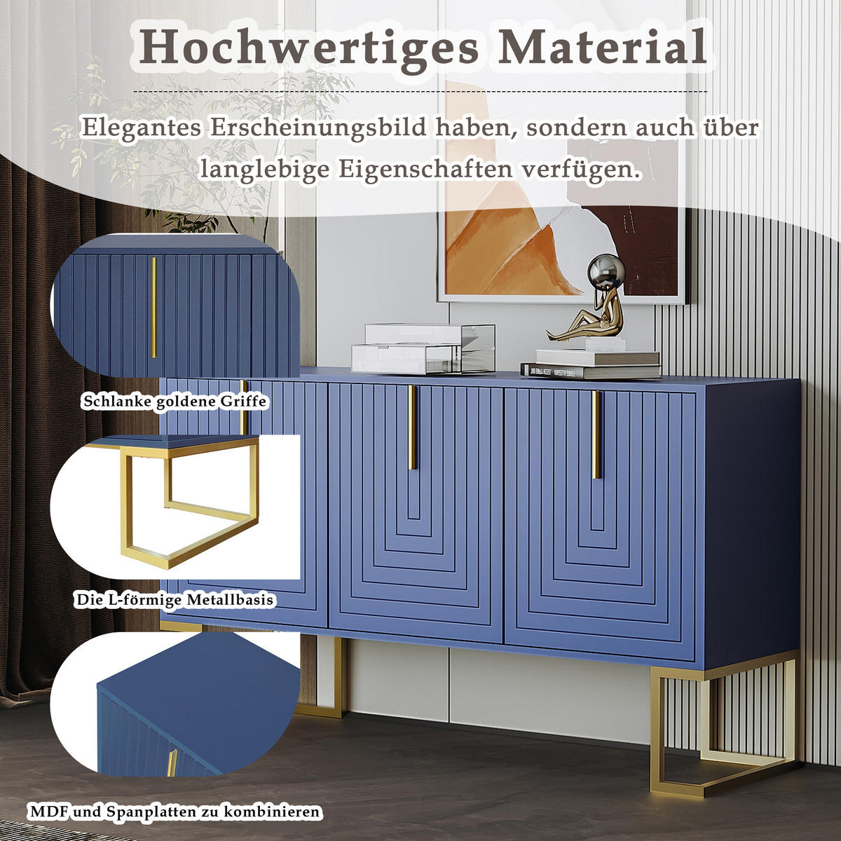 SIDEBOARD Blau 138/40/80,5CM - Blau, Holzwerkstoff/Metall (40/80.5/138cm) - Urban Meuble