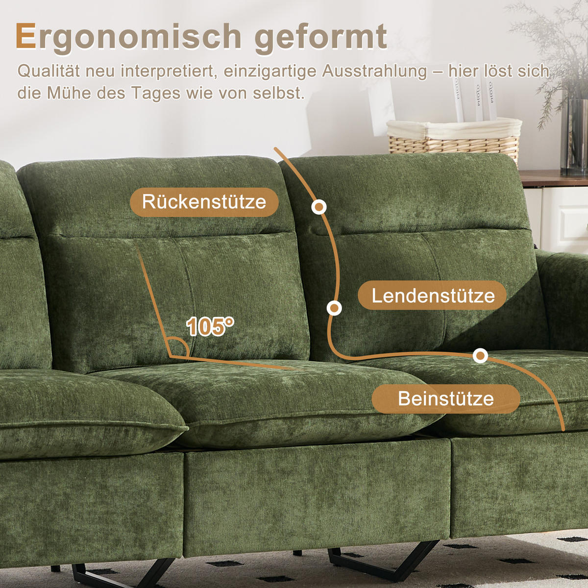ECKSOFA 201/110/86 cm Grün mit Aufbewahrungshocker und Seitentaschen - Grün, Holz/Textil (201/110cm) - Oxeza