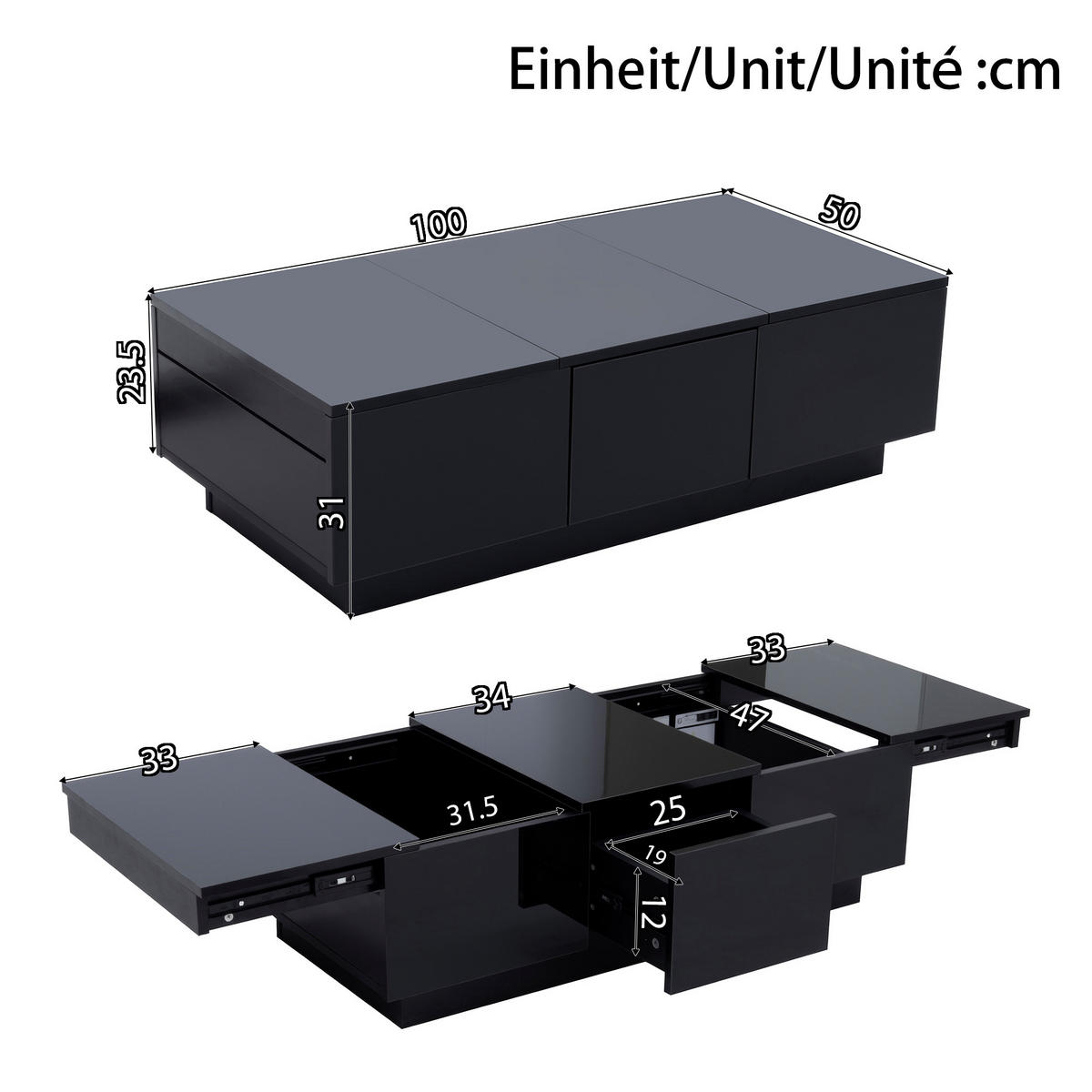 COUCHTISCH 100/31/50 cm Schwarz hochglänzend mit Schubladen und Schiebefächern - Schwarz, Holzwerkstoff (100/50/23.5cm) - OKWISH