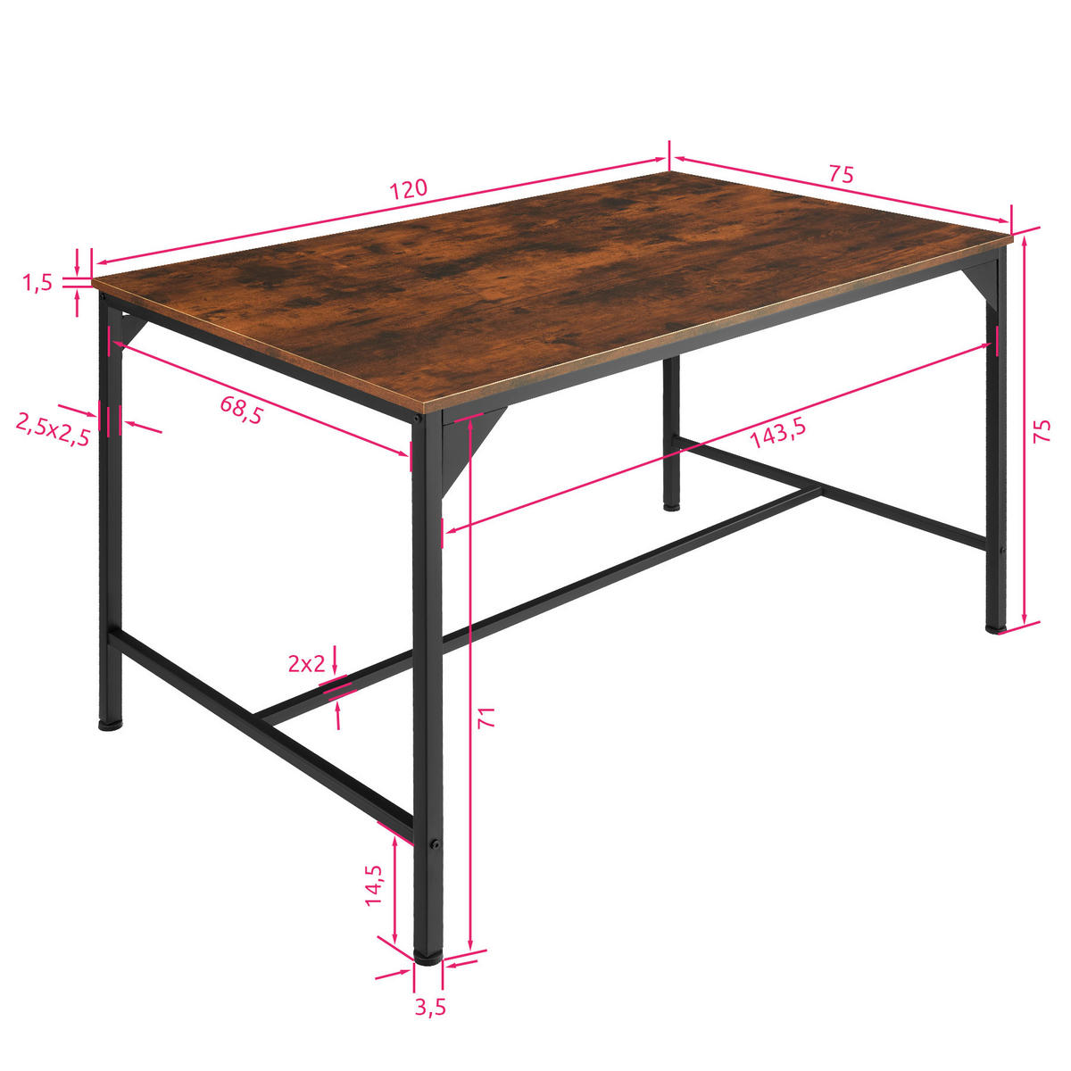 ESSTISCH Belfast,120 x 75 x 75 cm,Industrial Holz dunkel, rustikal - Rostfarben, Holz (120/75/75cm) - tectake