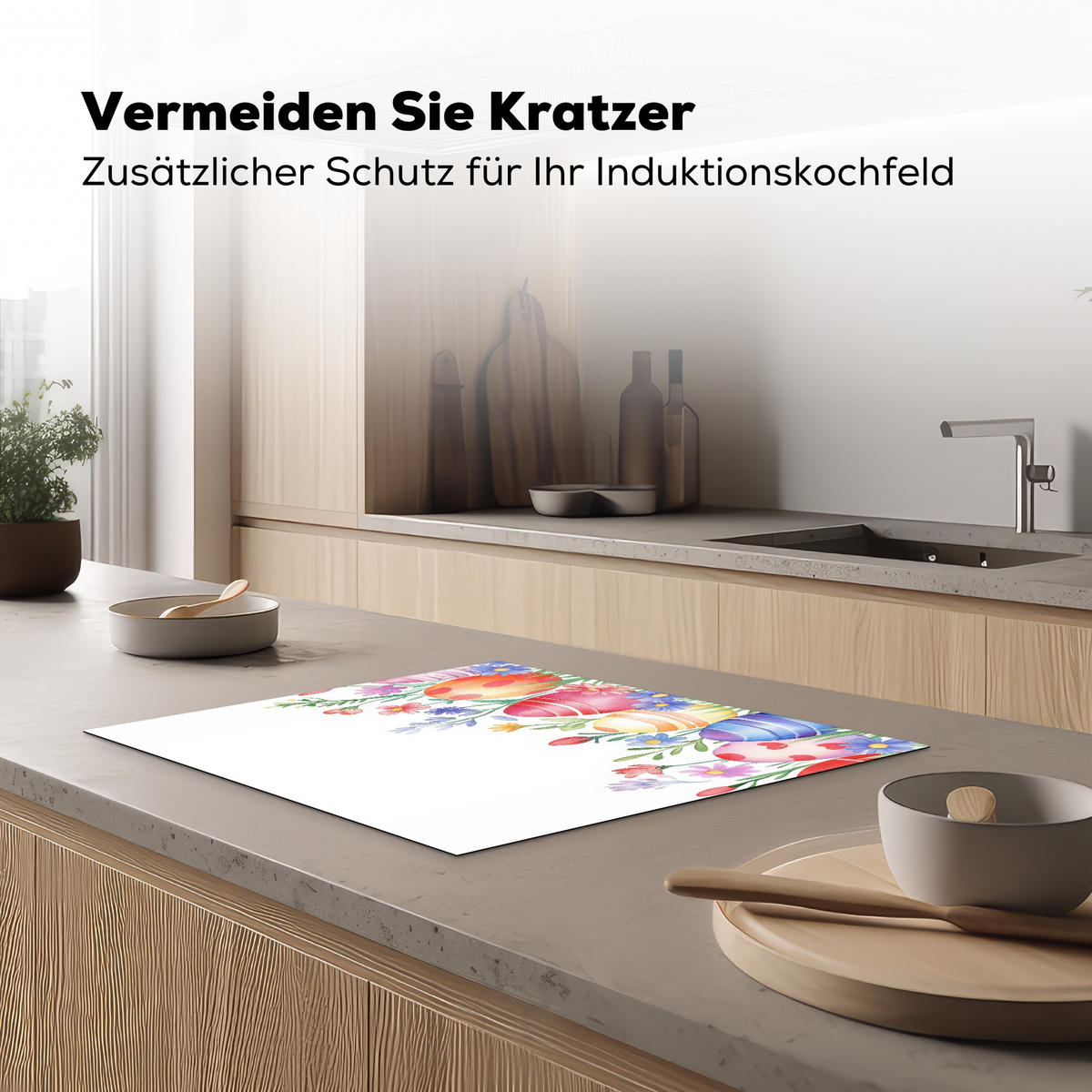 HERDABDECKPLATTE Blumengarten - Bunt - Eier Herdabdeckung Induktionsfeld 65x52 cm - Weiß, Kunststoff (65/52/0.2cm) - MuchoWow