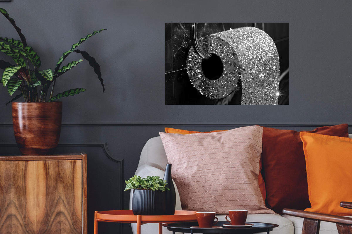 WANDTATTOO WC - Toilettenpapier - Schwarz und weiß - Glitter 60x40 cm - Silberfarben, Kunststoff (60/40/0.1cm) - MuchoWow