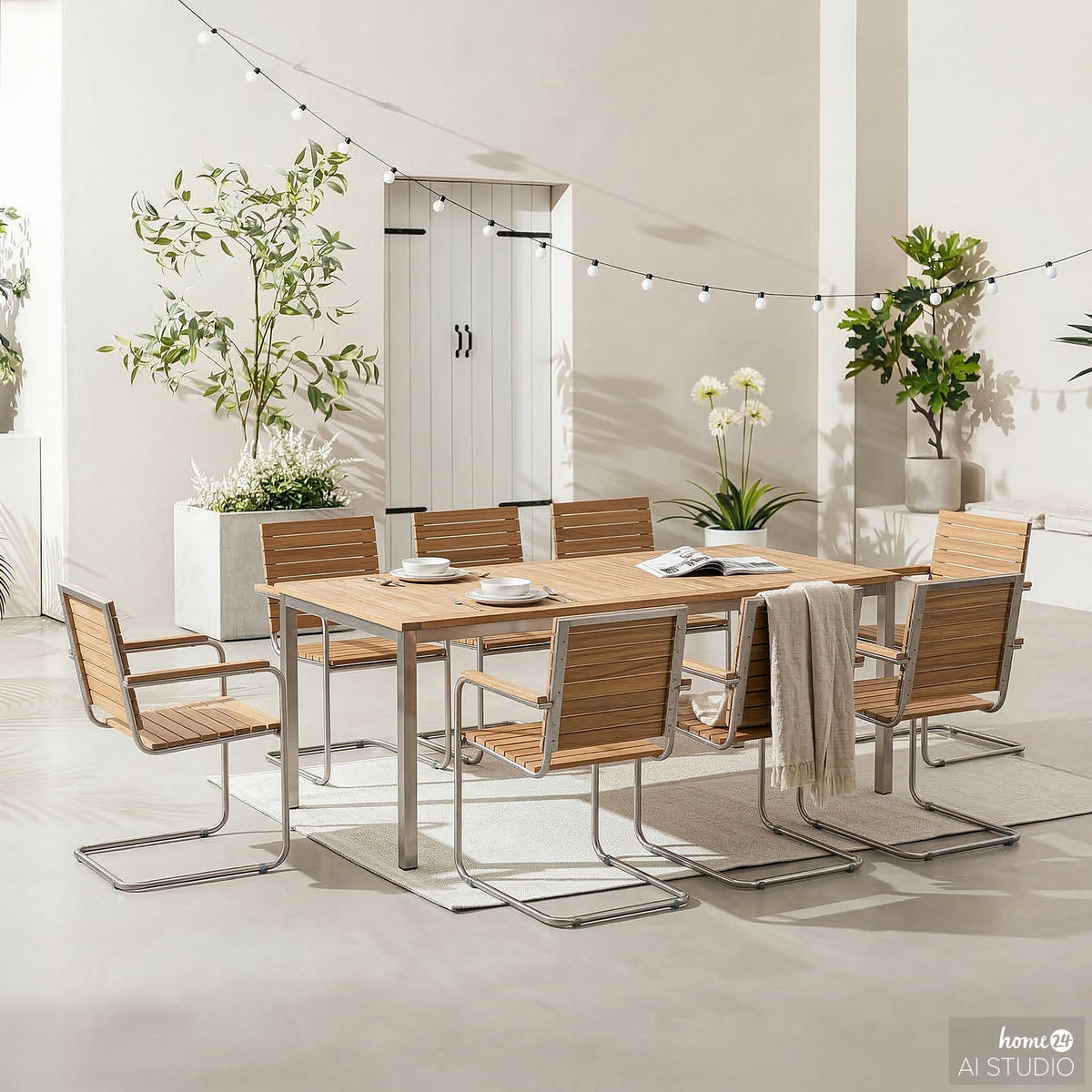 ESSGRUPPE - Teak massiv / Edelstahl - 9-teilig - Silberfarben/Braun, Holz/Metall - home24