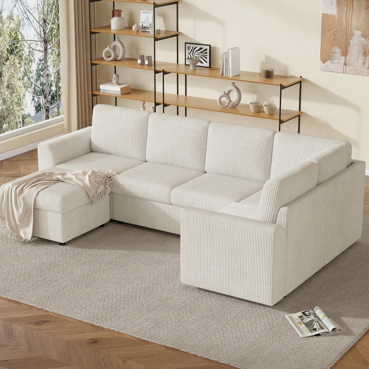 ECKSOFA 282/153/85 cm beige aus Cord mit Stauraumhocker - Beige, Textil (40/160cm) - OKWISH