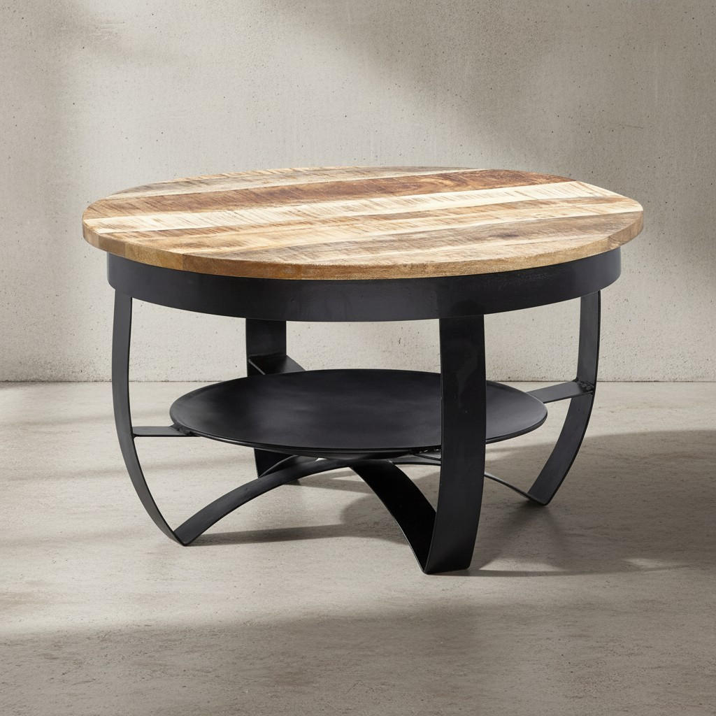 COUCHTISCH in Braun/Schwarz, Industrieller Stil, aus Recyceltem Mango-Massivholz - Schwarz, Holz/Metall (60/60/34cm) - KADIMA DESIGN