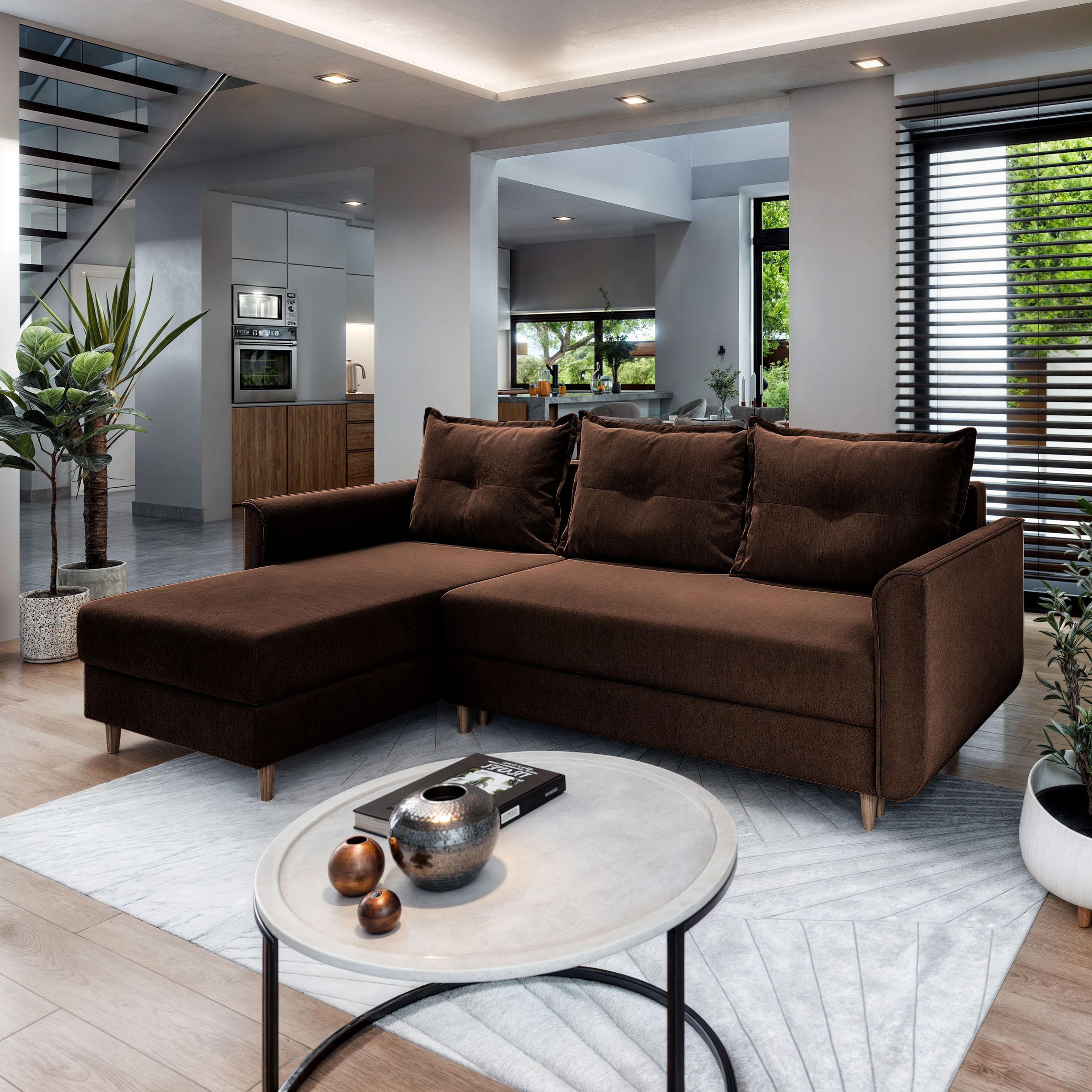 ECKSOFA PISAN L-S Braun Plüsch-Stoff mit Schlaffunktion - Braun, Holz (220/140cm) - MASSENO