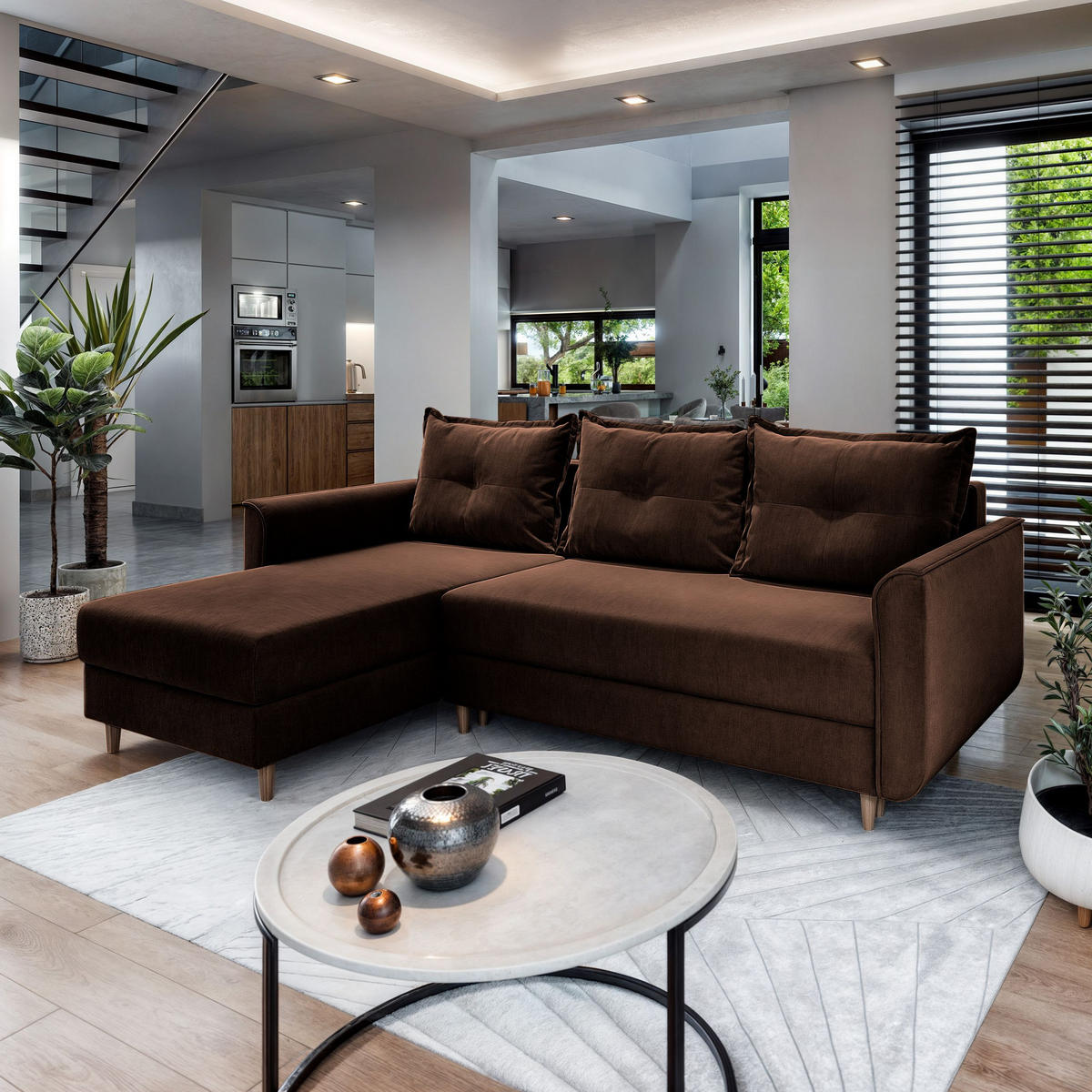 ECKSOFA PISAN L-S Braun Plüsch-Stoff mit Schlaffunktion - Braun, Holz (220/140cm) - MASSENO