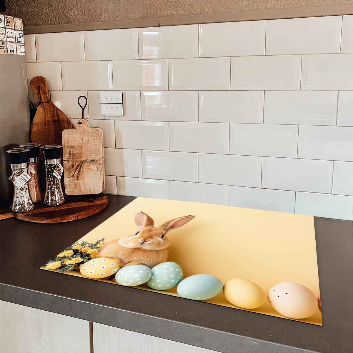 HERDABDECKPLATTE Eier - Kaninchen - Pastellfarbtöne Herdabdeckung Induktionsfeld 65x52 cm - Hellgelb, Kunststoff (65/52/0.2cm) - MuchoWow