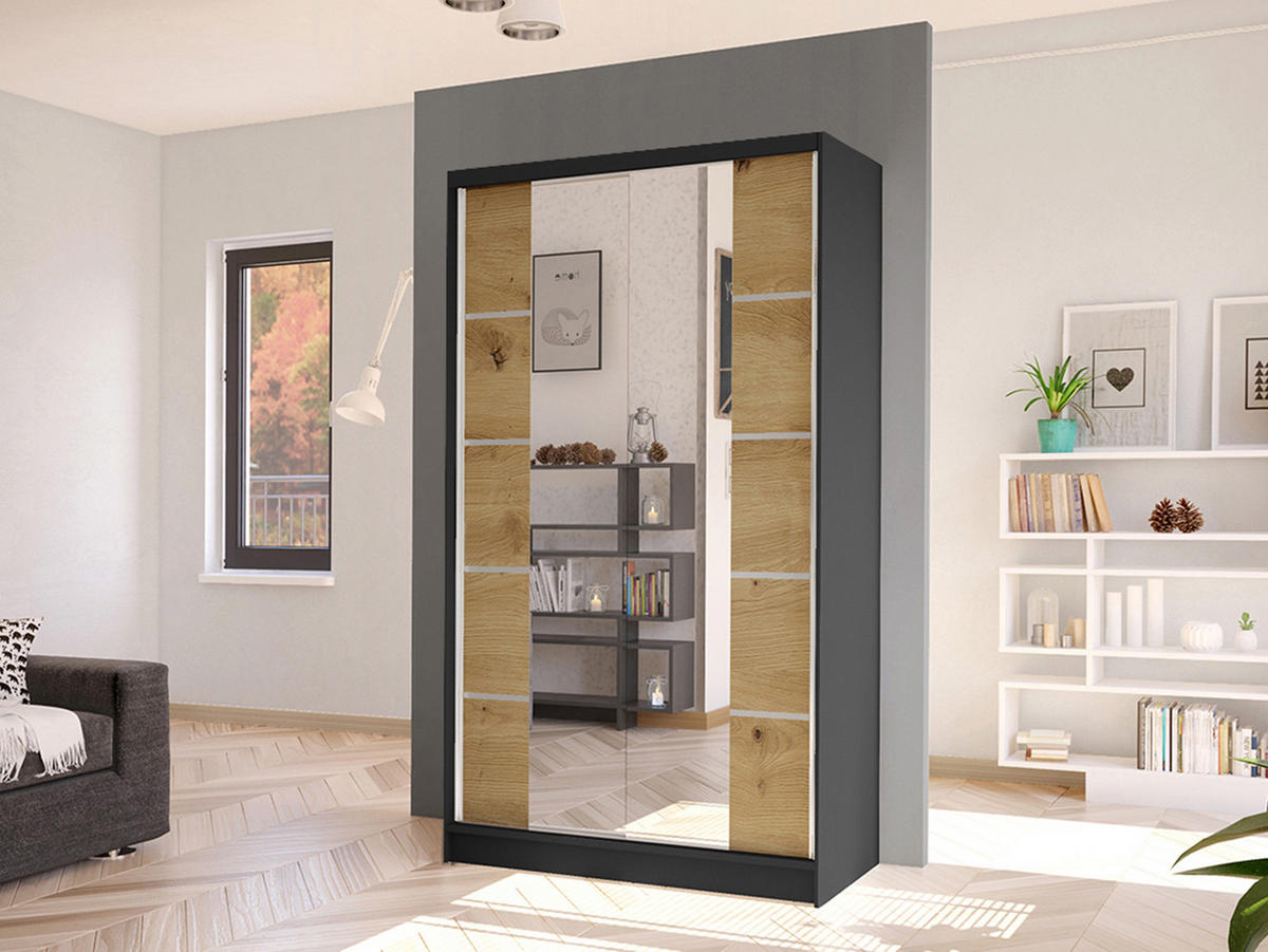 SCHWEBETÜRENSCHRANK Diego V - Schwarz/Eiche Artisan, Holzwerkstoff/Metall (100/200/58cm) - MIRJAN24