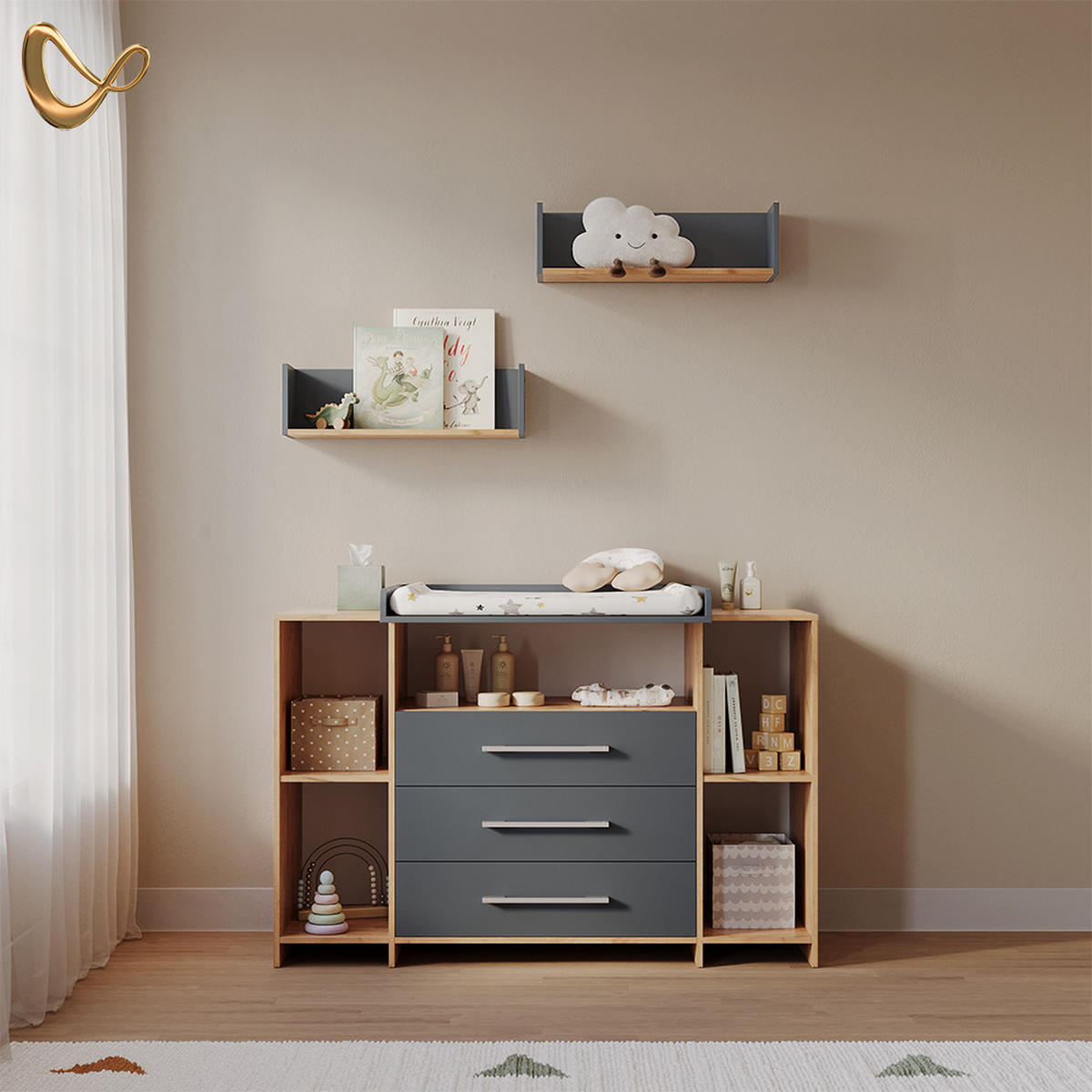 WICKELKOMMODE Torino Anthrazit/Sonoma XL mit Schubladen - Anthrazit/Sonoma Eiche, Holzwerkstoff (143/100/70cm) - Livinity®
