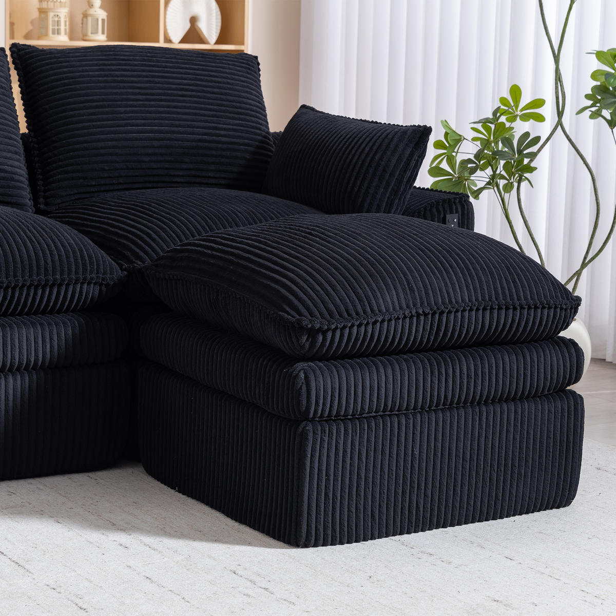 3-SITZER ECKSOFA Cord Schwarz mit Kissen und Hocker - Schwarz, Textil (263/167cm) - WISHDOR