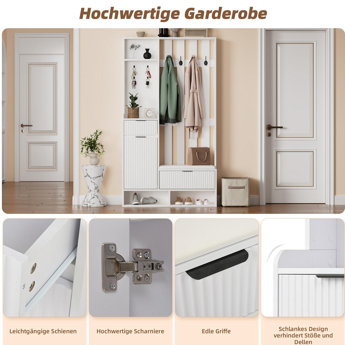 DIELENGARDEROBE 100/30/180 cm mit 8 Haken, Sitzbank und Schuhablage in Weiß - Weiß, Holzwerkstoff (100/180/30cm) - BEAOK