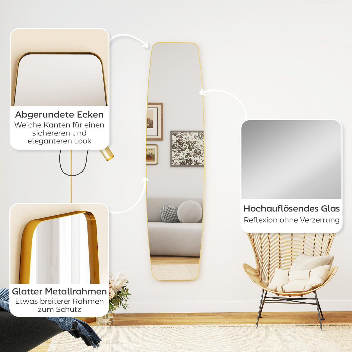 WANDSPIEGEL Glas MDF Gold - Goldfarben, Glas/Metall (40/3/160cm) - HOMCOM