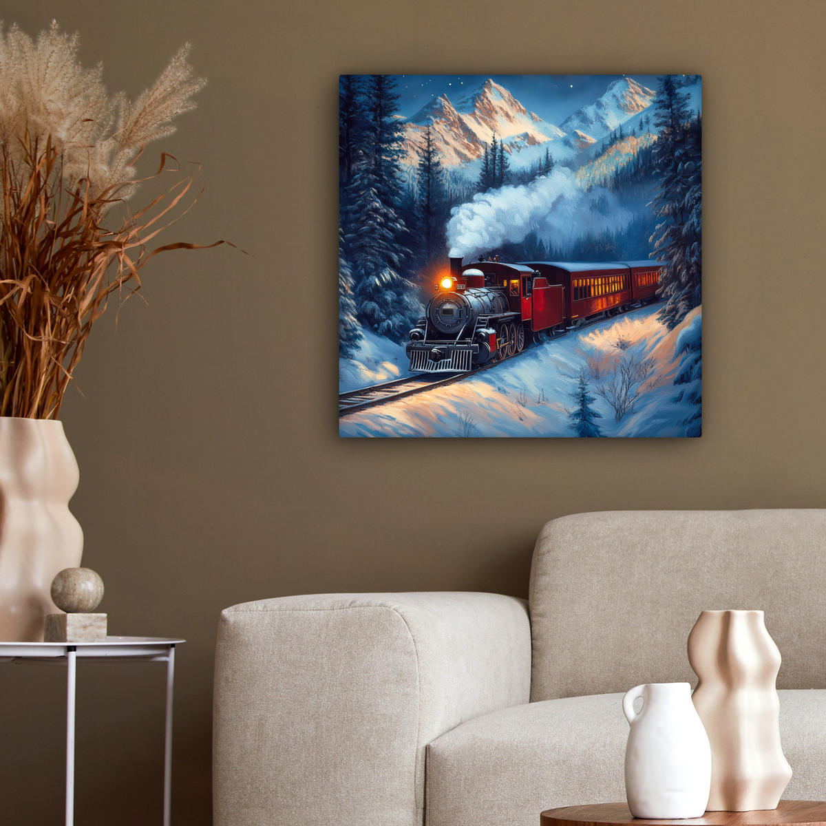 LEINWANDBILD Zug - Weihnachten - Schnee - Weihnachtszug 50x50 cm - Anthrazit, Textil (50/50cm) - MuchoWow