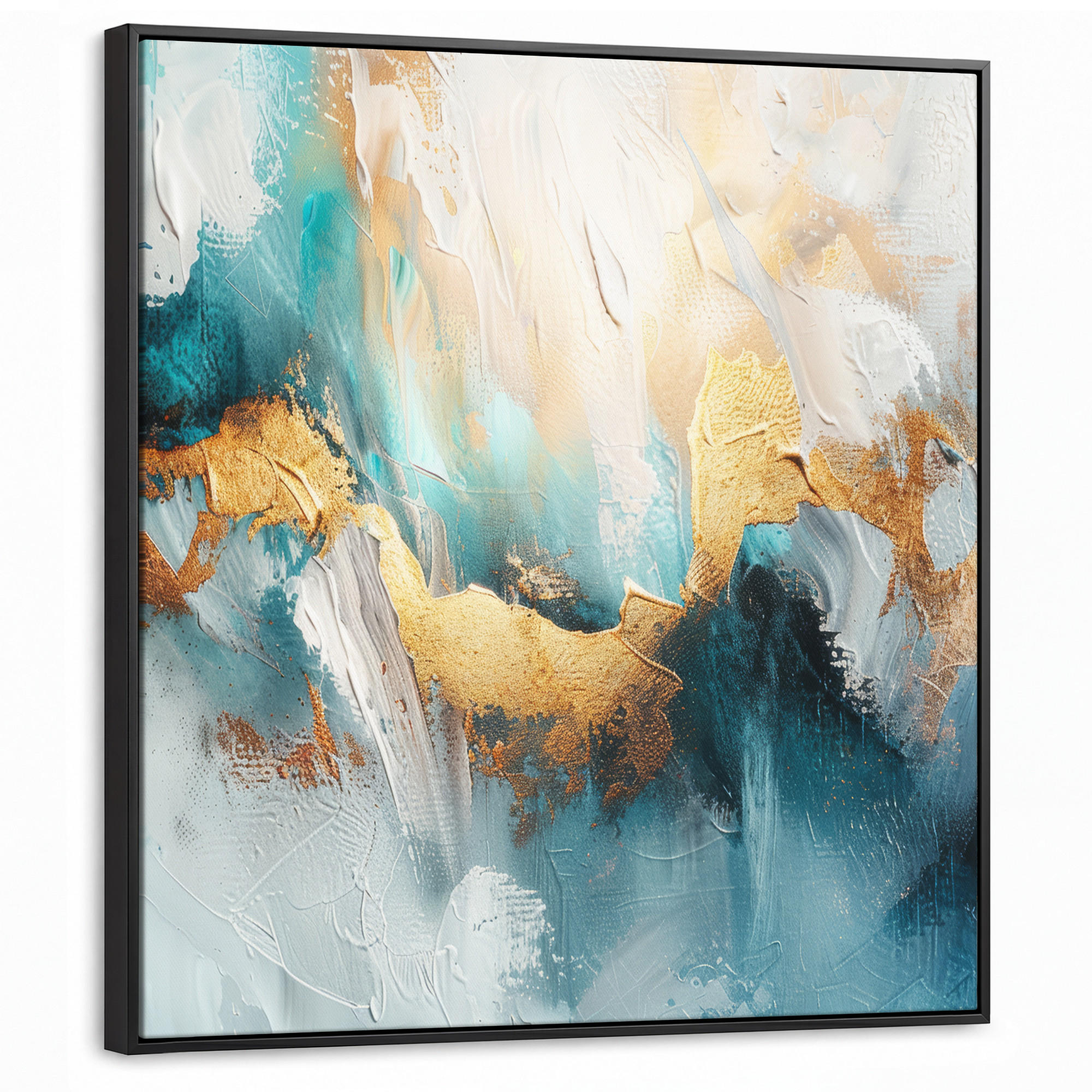 LEINWAND Bilder mit Rahmen - Abstrakt - Kunst - Gold - Blau - 90x90 - Petrol, Textil (90/90cm) - MuchoWow