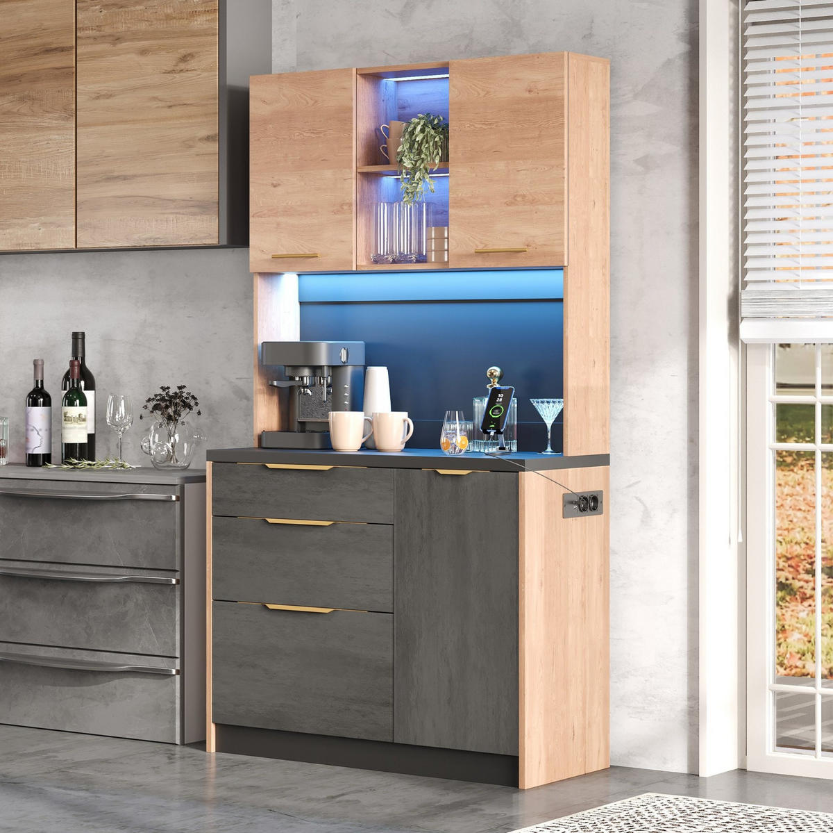 BUFFET aus MDF 100x40x180 cm Neutral mit LED-Beleuchtung, Steckdose und viel Stauraum - Naturfarben, Holzwerkstoff (100/180/40cm) - Modfu
