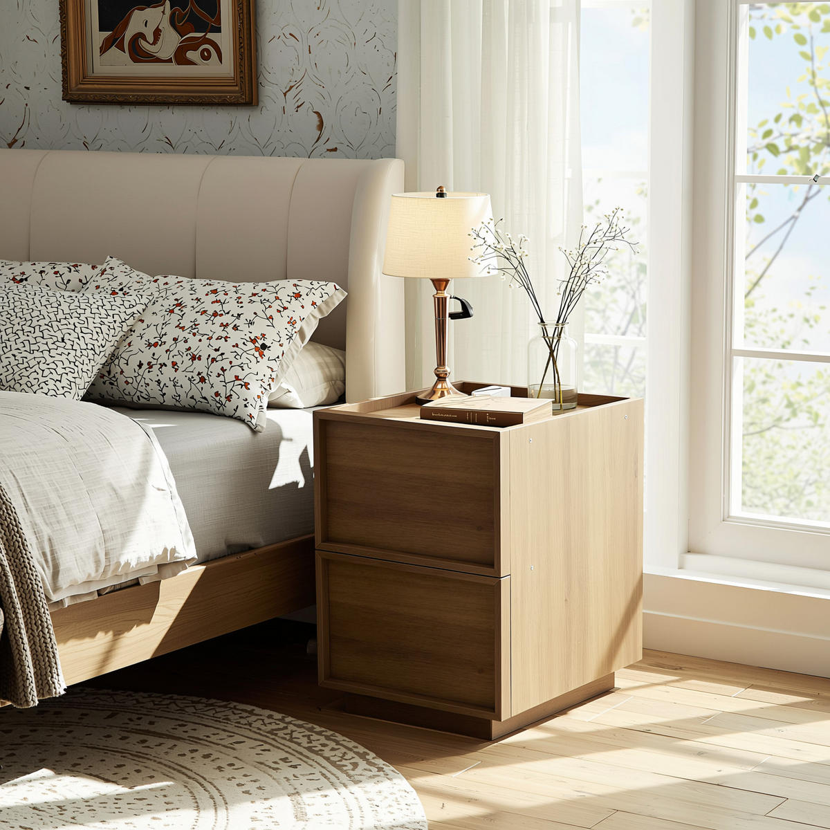 NOČNÍ STOLEK dub 38 cm, 2 zásuvky, ochrana proti převrácení - barva dubu, kompozitní dřevo (38/50/48cm) - Urban Meuble