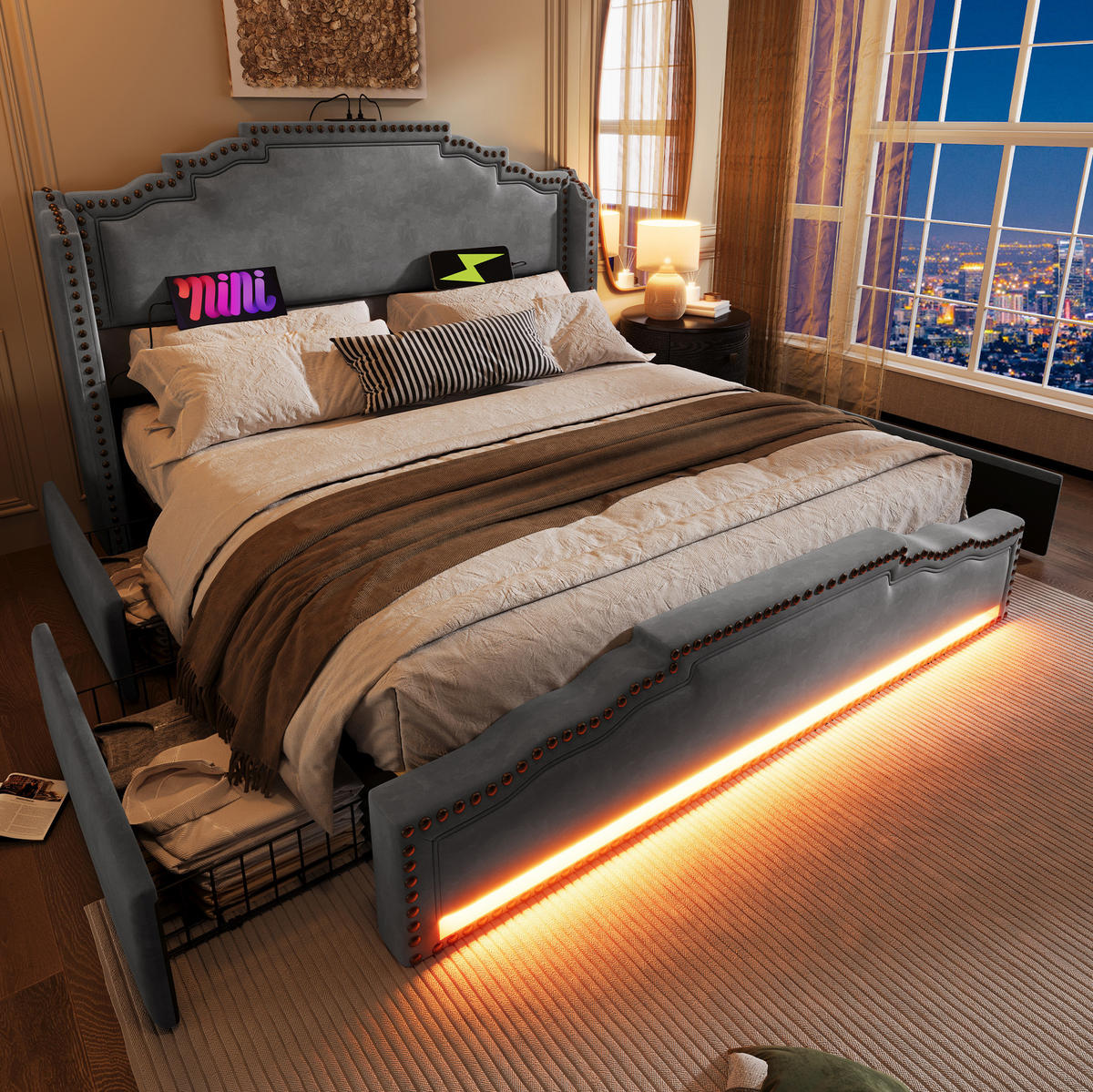 POLSTERBETT mit 4 Schubladen 180x200 cm Samt Grau mit LED und USB-C - Grau, Metall (180/200cm) - Meubliv
