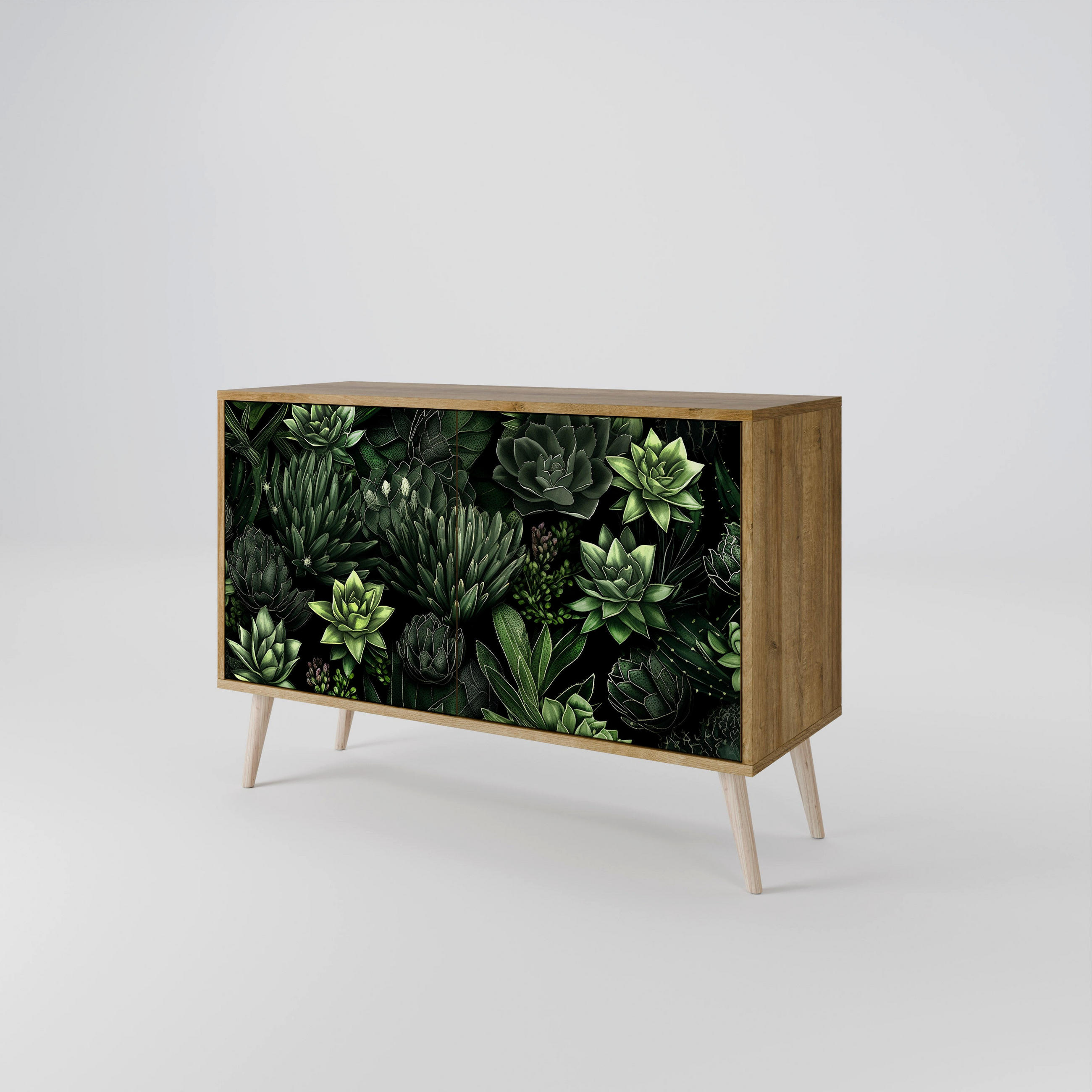 SIDEBOARD SUCCULENT JUNGLE, Eicheneffekt, 111x42x77,5 cm, 2 Türen - Eichefarben/Buchefarben, Holzwerkstoff/Buchenholz (111/77.5/42cm) - SpaceRebels