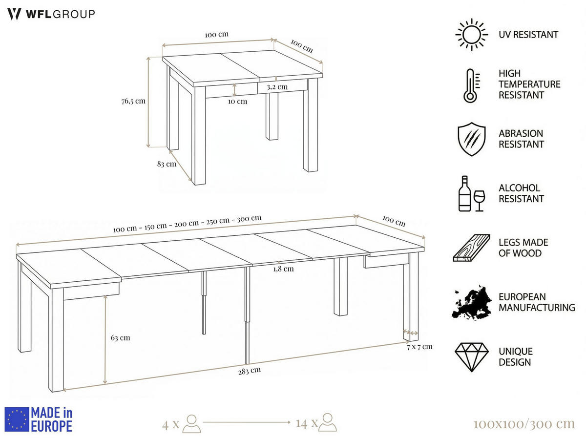 ESSTISCH Toren Weiß ausziehbar verlängerbar quadratisch, Weiß 100-300/100/76.5 cm - Weiß, Holz/Holzwerkstoff (100/300/76.5cm) - WFL GROUP