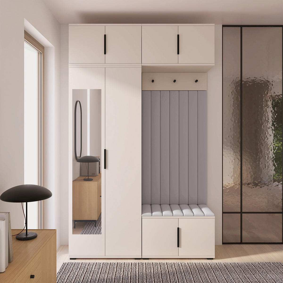 GARDEROBE Napoli version 11 mit Spiegel, mit POLSTERPANEELEN GRAU - Beige/Grau, Holzwerkstoff (140/225/40cm) - Jerpax
