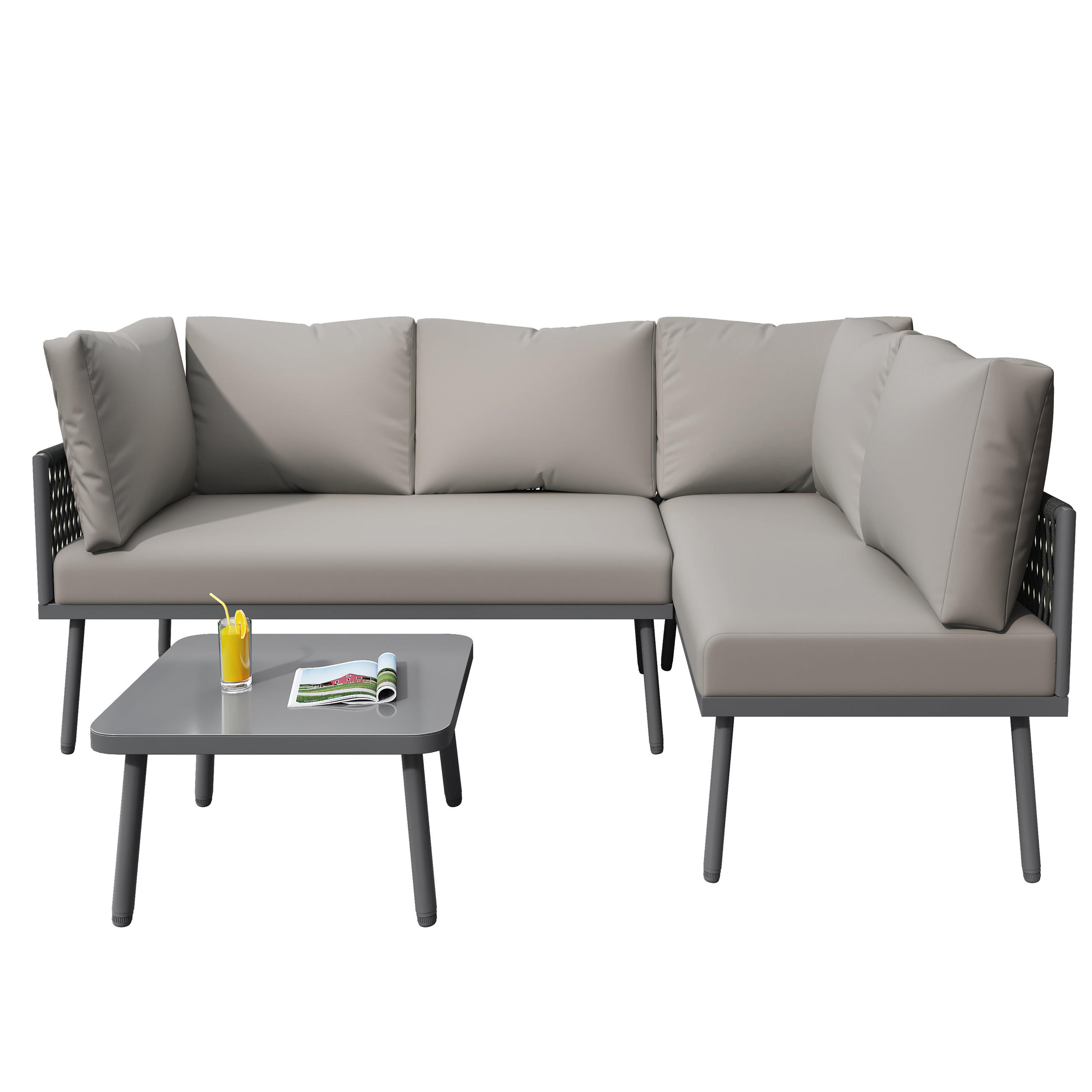 GARTENMOEBEL Set L-Form Eisen Grau Seil Verstellbare Füße 2 Sofas Tisch - Grau, Metall - FLIEKS