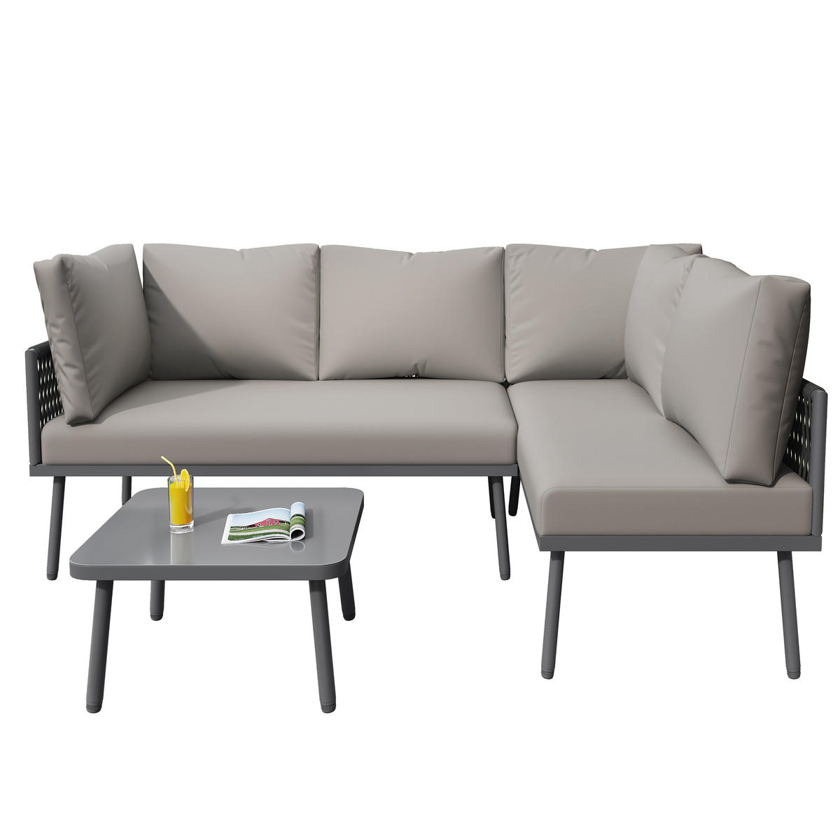 GARTENMOEBEL Set L-Form Eisen Grau Seil Verstellbare Füße 2 Sofas Tisch - Grau, Metall - FLIEKS