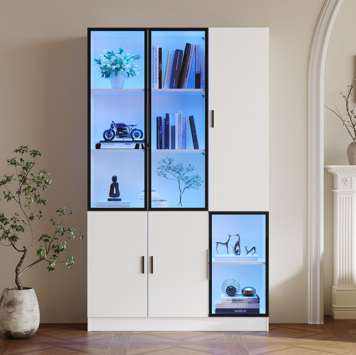HIGHBOARDNSCHRANK 120/35/200 cm in Weiß mit LED-Beleuchtung und 3 Glastüren - Weiß, Holzwerkstoff (120/200/35cm) - Flora Grace