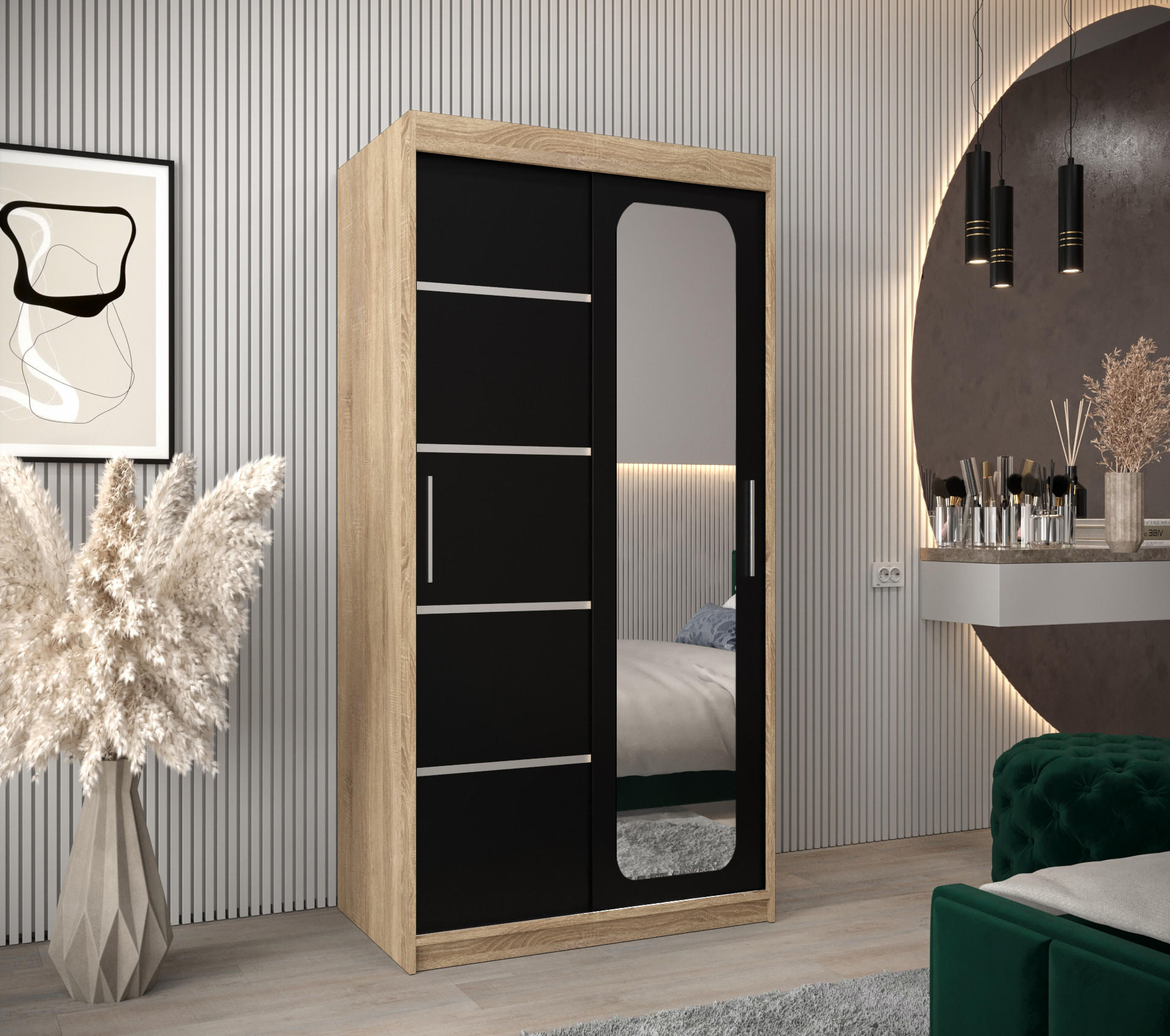 SCHWEBETÜRENSCHRANK 200/100/62 2-türig - Silberfarben/Schwarz, Holz/Kunststoff (100/200/62cm) - Abiks Möbel