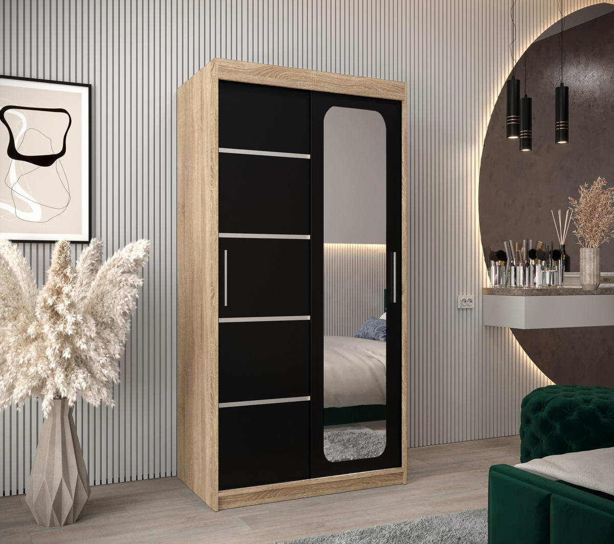 SCHWEBETÜRENSCHRANK 200/100/62 2-türig - Silberfarben/Schwarz, Holz/Kunststoff (100/200/62cm) - Abiks Möbel