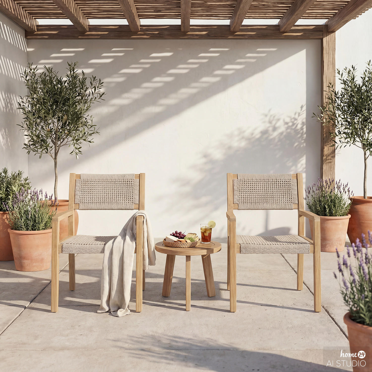 GARTENSTUHL - 2er-Set - Akazie massiv / Polypropylene - Akazie Braun / Beige - Creme/Akaziefarben, Holz/Kunststoff (60/89/59cm) - home24