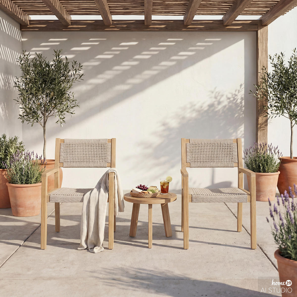 GARTENSTUHL - 2er-Set - Akazie massiv / Polypropylene - Akazie Braun / Beige - Creme/Akaziefarben, Holz/Kunststoff (60/89/59cm) - home24