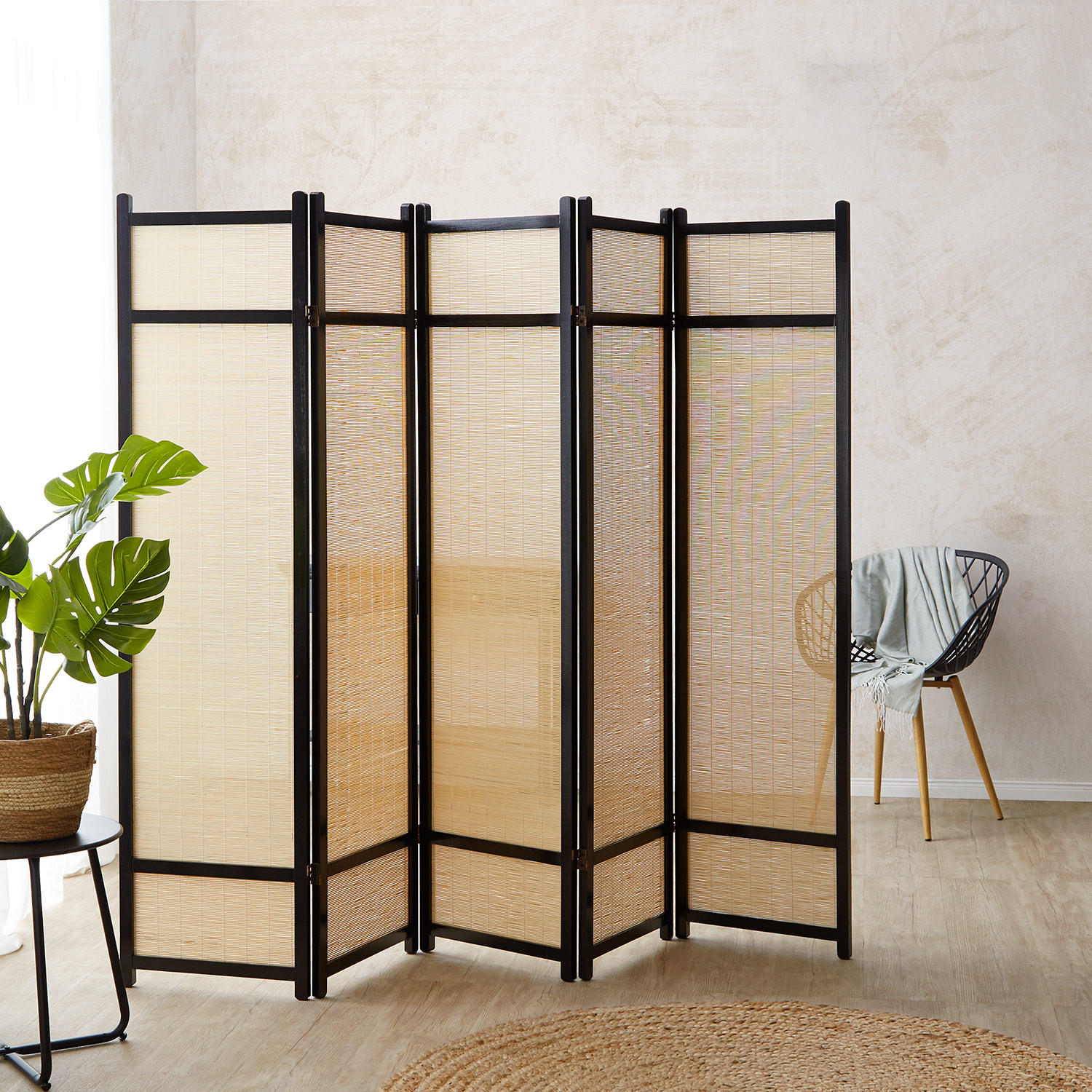 PARAVENT 5-tlg. 220/175 cm Schwarz Bambus - Schwarz, Holz (220/175/2cm) - Homestyle4u