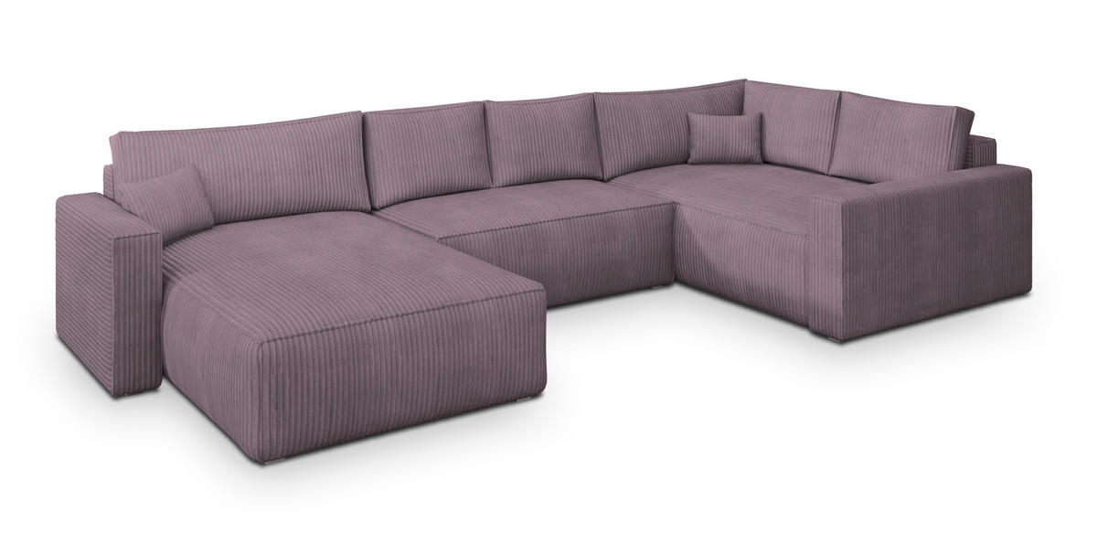 WOHNLANDSCHAFT VELAMI R-S Lila Kordstoff mit Schlaffunktion - Lila, Holz (365/83/194cm) - MASSENO