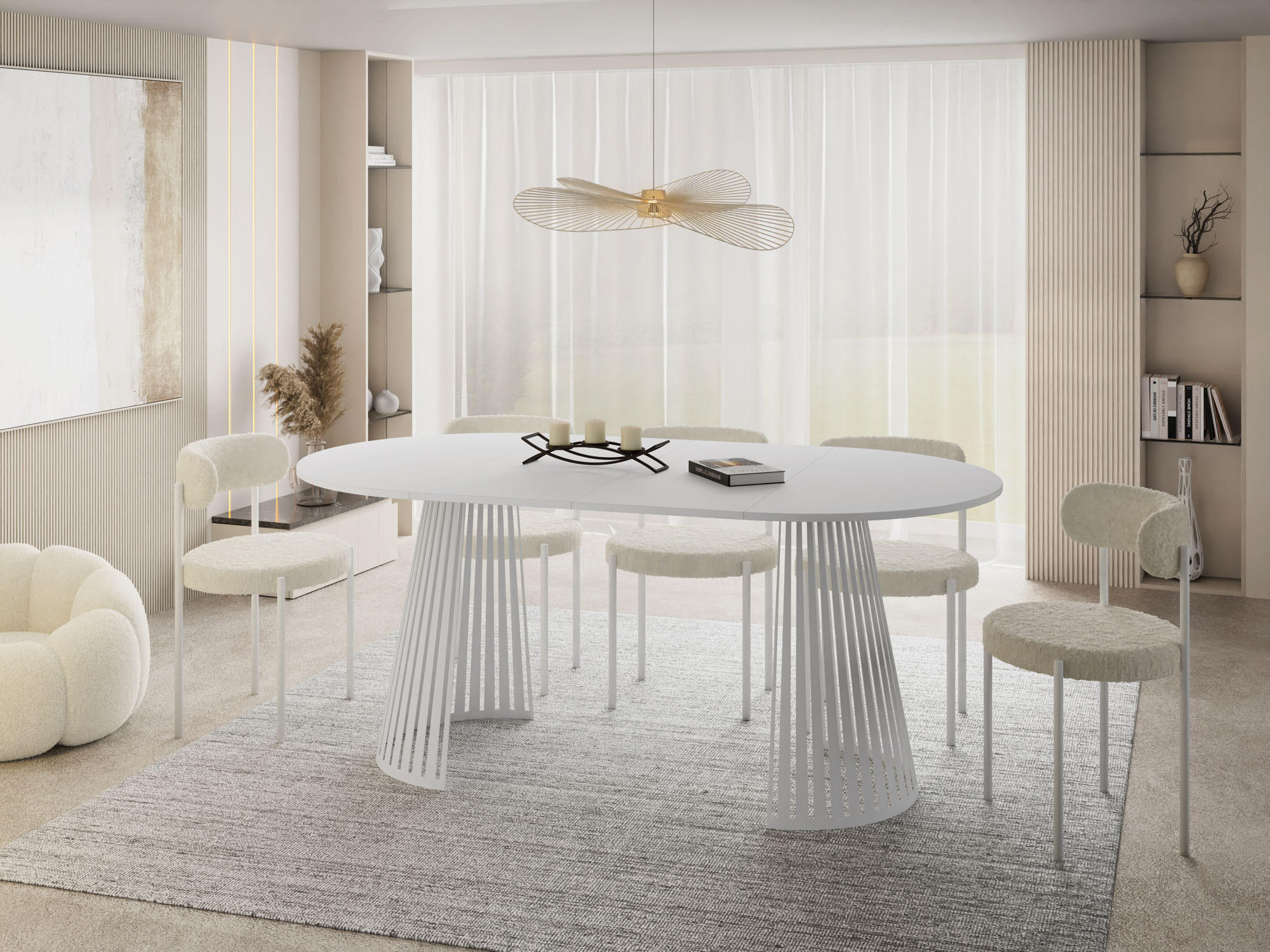 ESSTISCH Naro rund ausziehbar mit Weißem Lamellen-Metallgestell, Weiß 100-180/100/76 cm - Weiß, Holzwerkstoff/Metall (100/100/76cm) - WFL GROUP