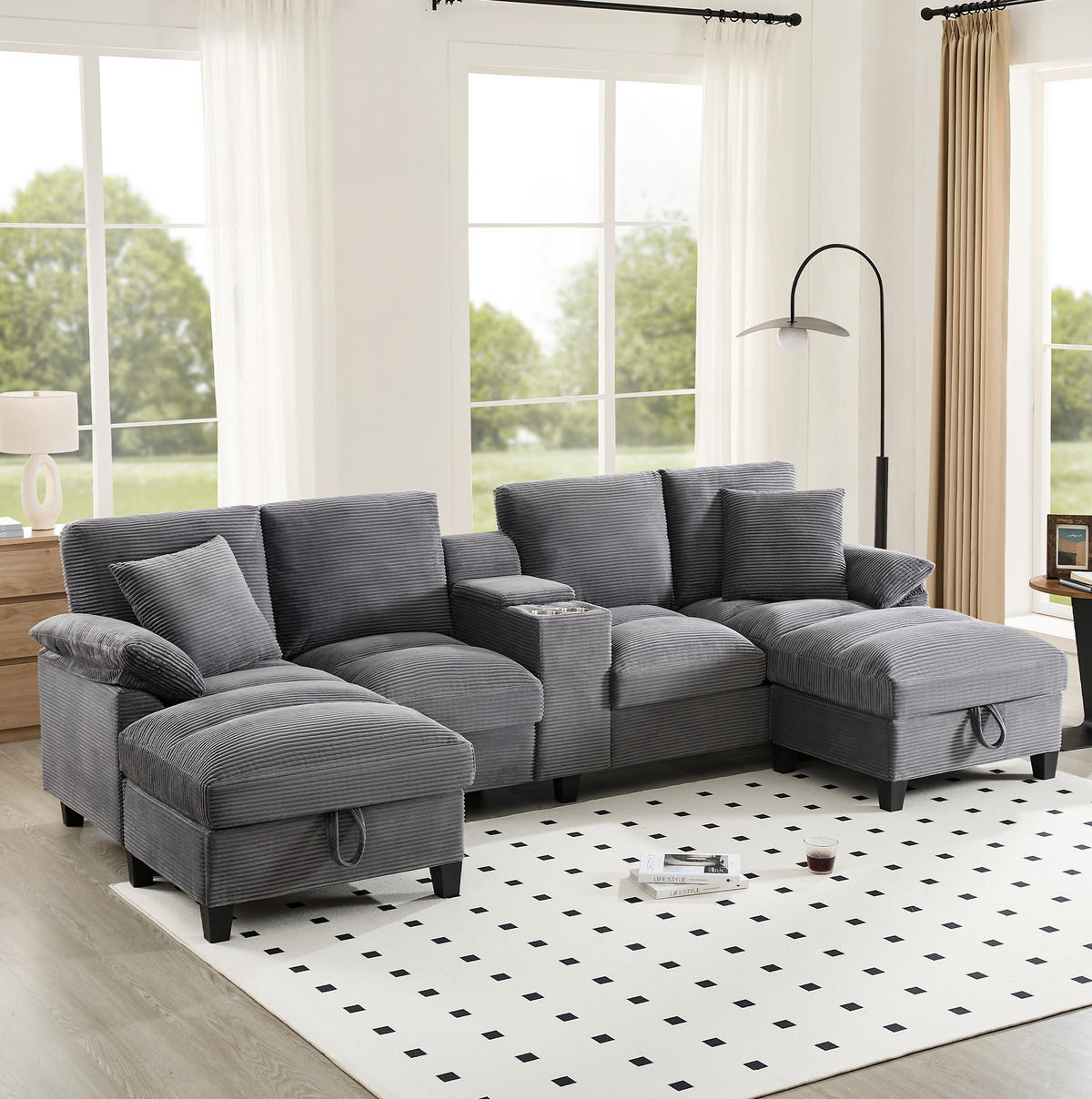 WOHNLANDSCHAFT U-Form 293/142/93 cm in Grau – mit Stauraum, USB und Getränkehalter - Grau, Textil (93/293/142cm) - BEAOK