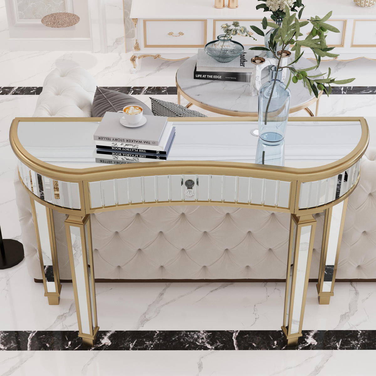 KONSOLENTISCH Halbmond Gold/Silber Spiegelglas Schublade 120 cm - Silberfarben/Goldfarben, Glas/Holzwerkstoff (120/38/78cm)