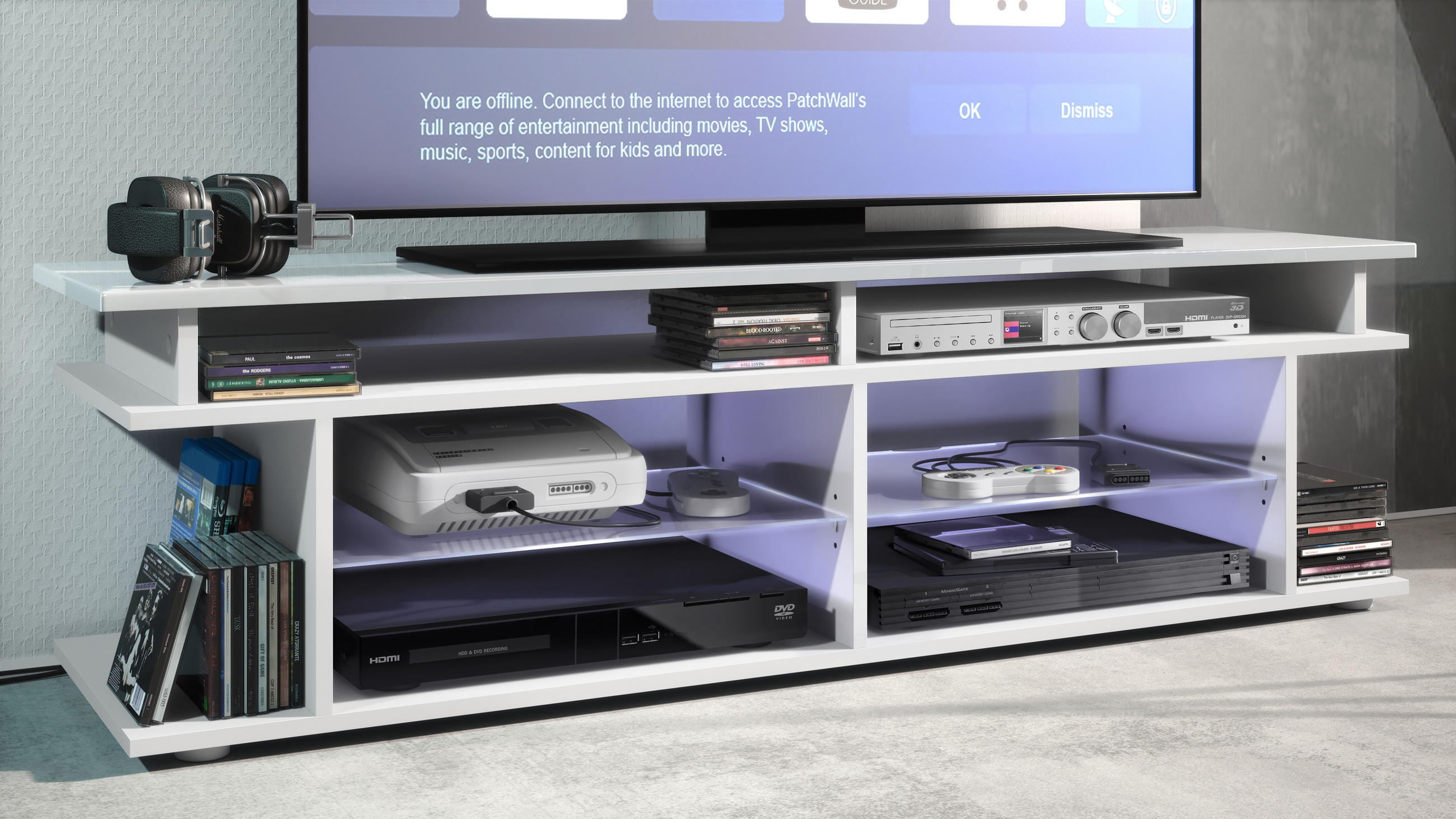 LOWBOARD Movie Platte des TV-Aufsatzes in Weiß Hochglanz - Weiß Hochglanz, Holzwerkstoff (138.5/39/37.5cm) - Vladon