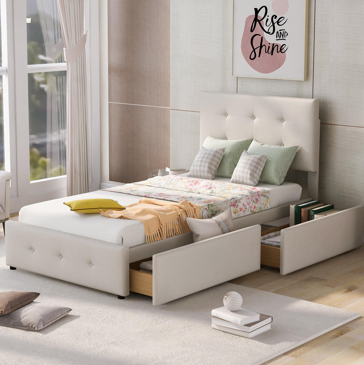 SAMT-POLSTERBETT 90/200 cm mit Schublade und gepolstertem Kopfteil in Beige - Beige, Textil (90/200cm) - BEAOK