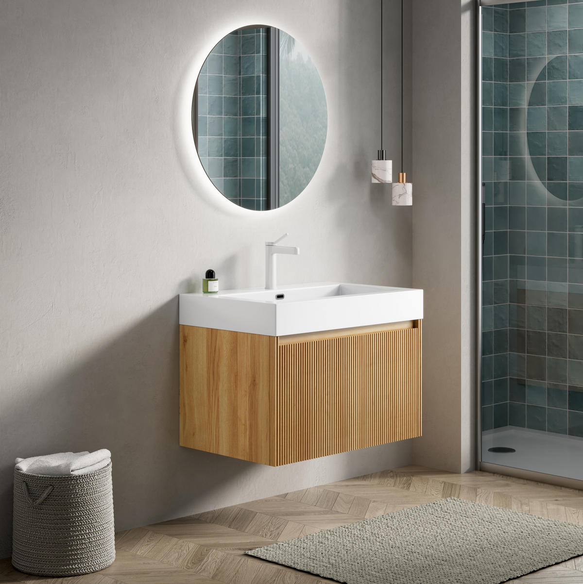 WASCHTISCH mit Becken 70 cm Natural Wood/White - Naturfarben, Holzwerkstoff (46/50/70cm) - Beauniv