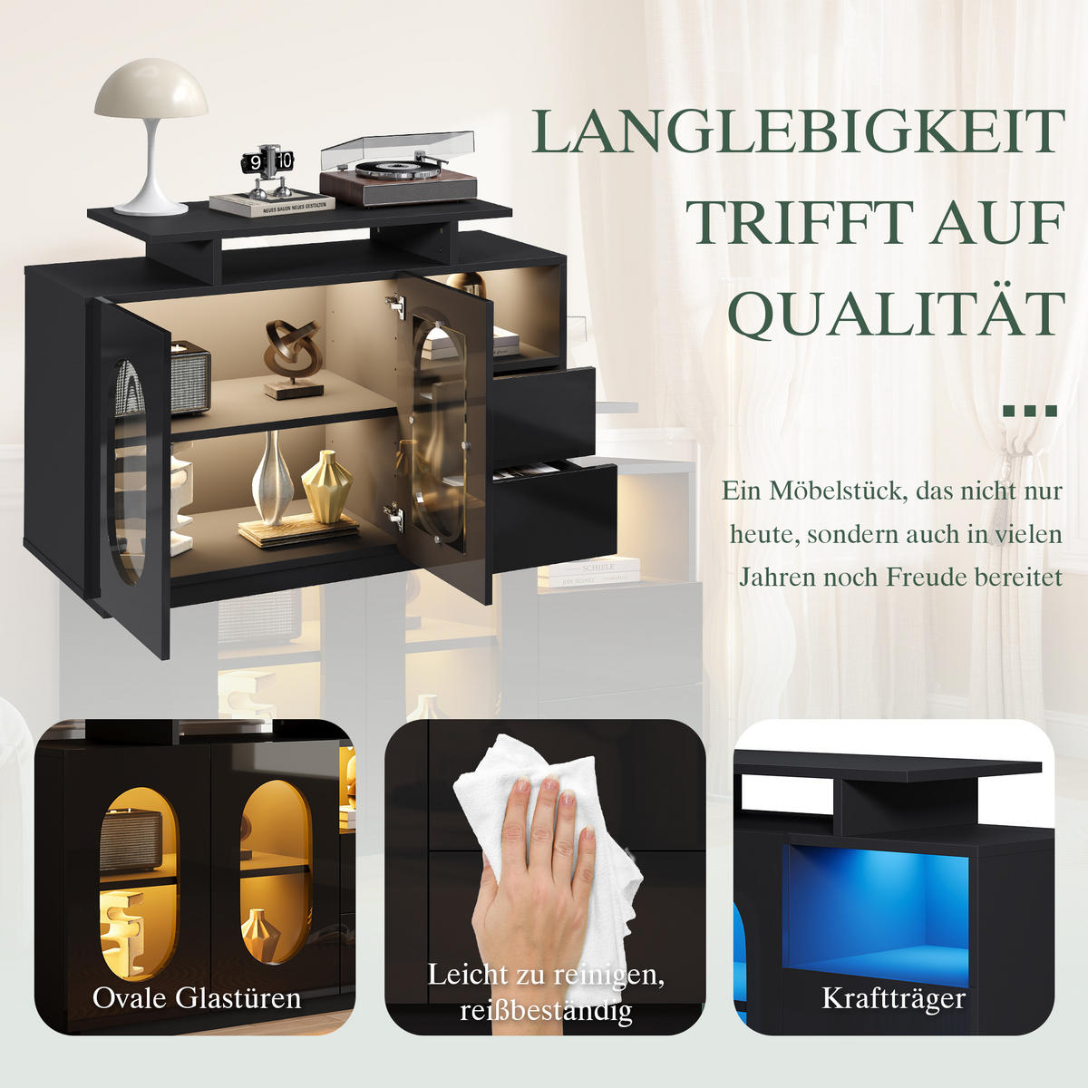 SIDEBOARD aus Holzwerkstoff 120x40x80 cm Schwarz mit LED-Beleuchtung, Glasvitrine und verstellbaren Einlegeböden - Schwarz, Holzwerkstoff (120/80/40cm) - Modfu