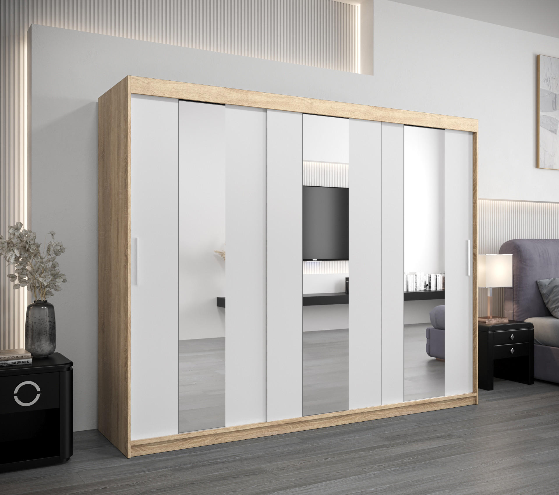 SCHWEBETÜRENSCHRANK 200/250/62 2-türig - Silberfarben/Weiß, Holz/Kunststoff (250/200/62cm) - Abiks Möbel