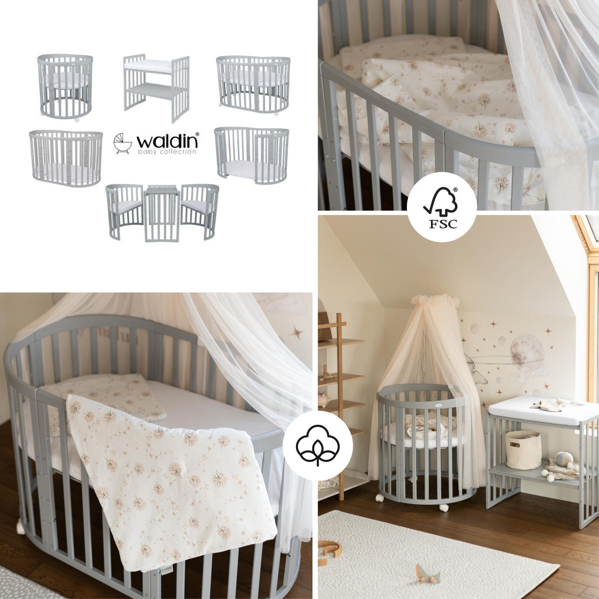 BABYBETT GREY OVAL 7in1 mit Matratze und Himmelset - Champagner/Grau, Holz/Textil