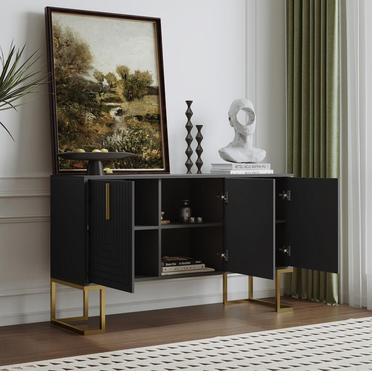 SIDEBOARD aus MDF 138x40x80 cm und Spanplatte Schwarz mit 3 Türen, verstellbaren Einlegeböden und Metallgestell - Schwarz, Holzwerkstoff (138/80.5/40cm) - IVMEU