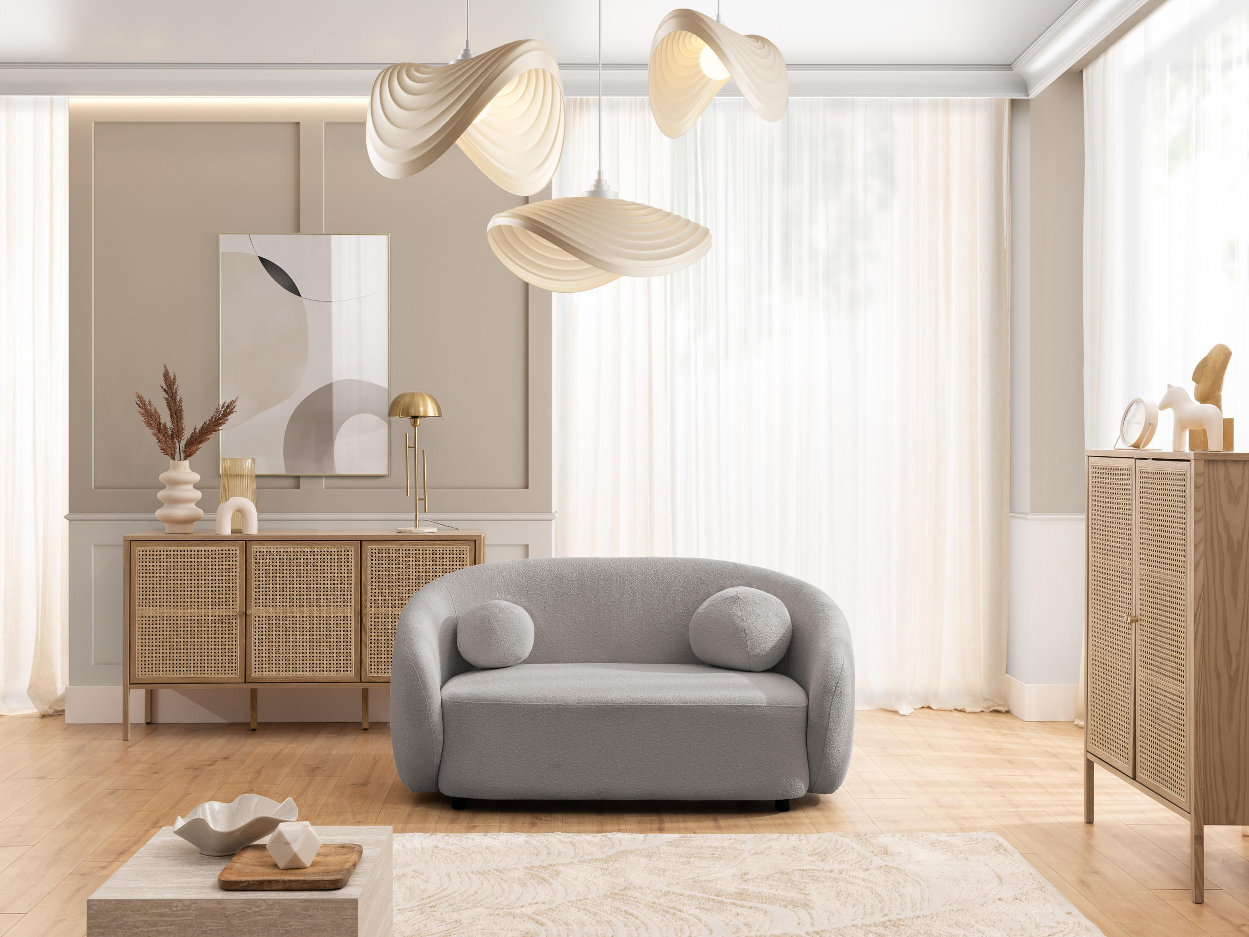 2-SITZER-SOFA Roundi Grau Bouclé - Schwarz/Grau, Holz/Kunststoff (150/76/80cm) - S-Style Möbel