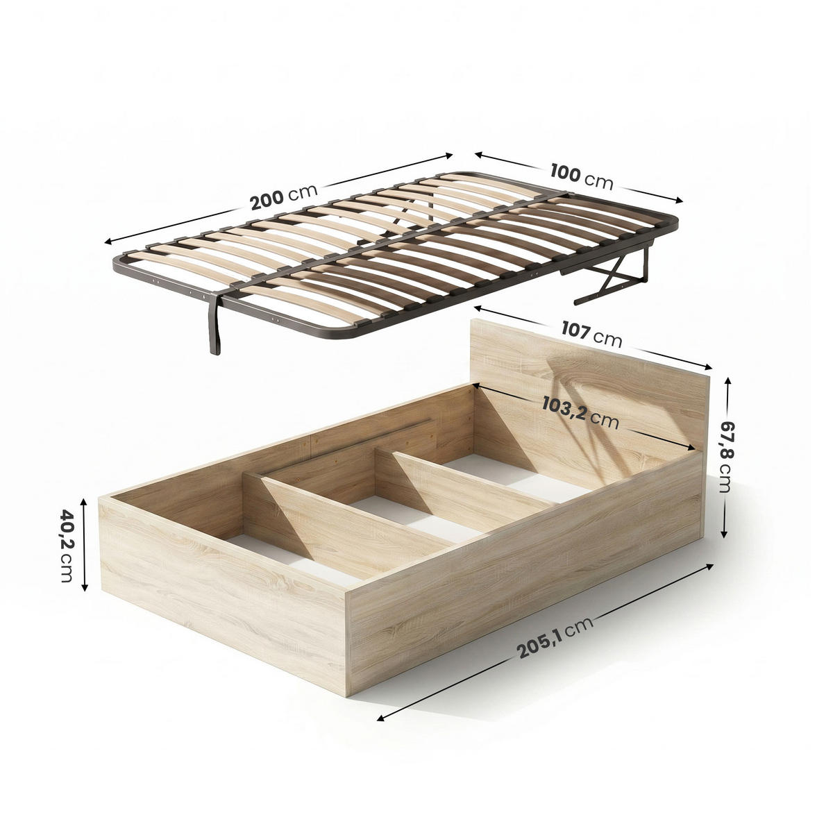 BETT mit Bettkasten 100x200 cm Metalllattenrost Sonoma Eiche - Sonoma Eiche, Holzwerkstoff (100/200cm) - Akord