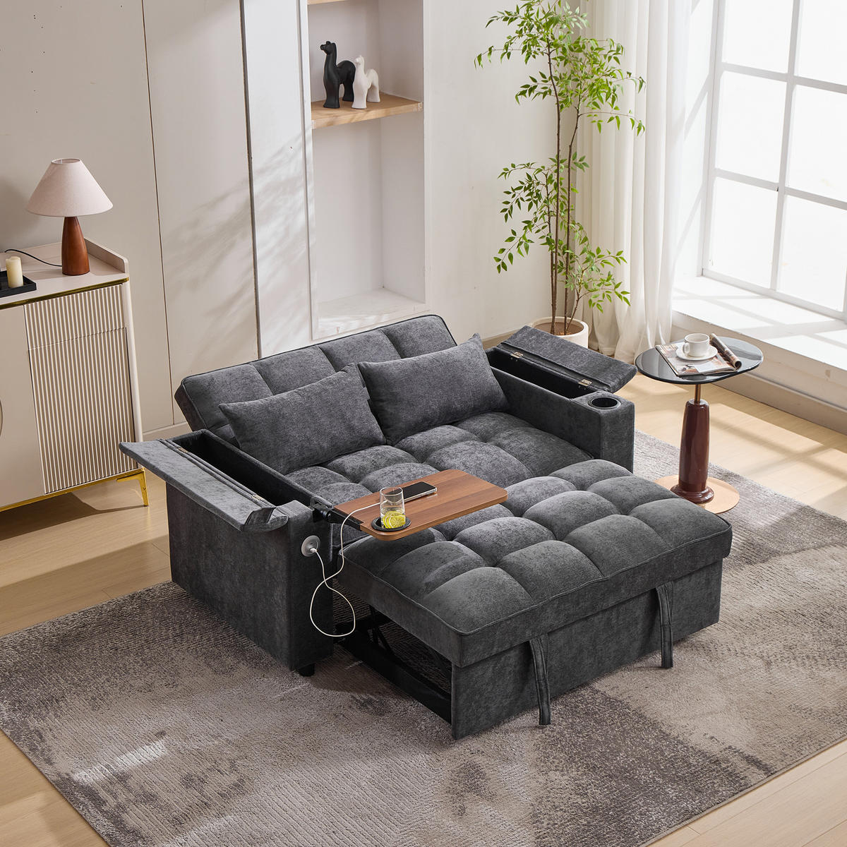 SCHLAFSOFA 140.5/74/82 cm Grau mit USB-Anschluss, verstecktem Tisch und Getränkehalter - Grau, Textil (140.5/82/74cm) - Oxeza