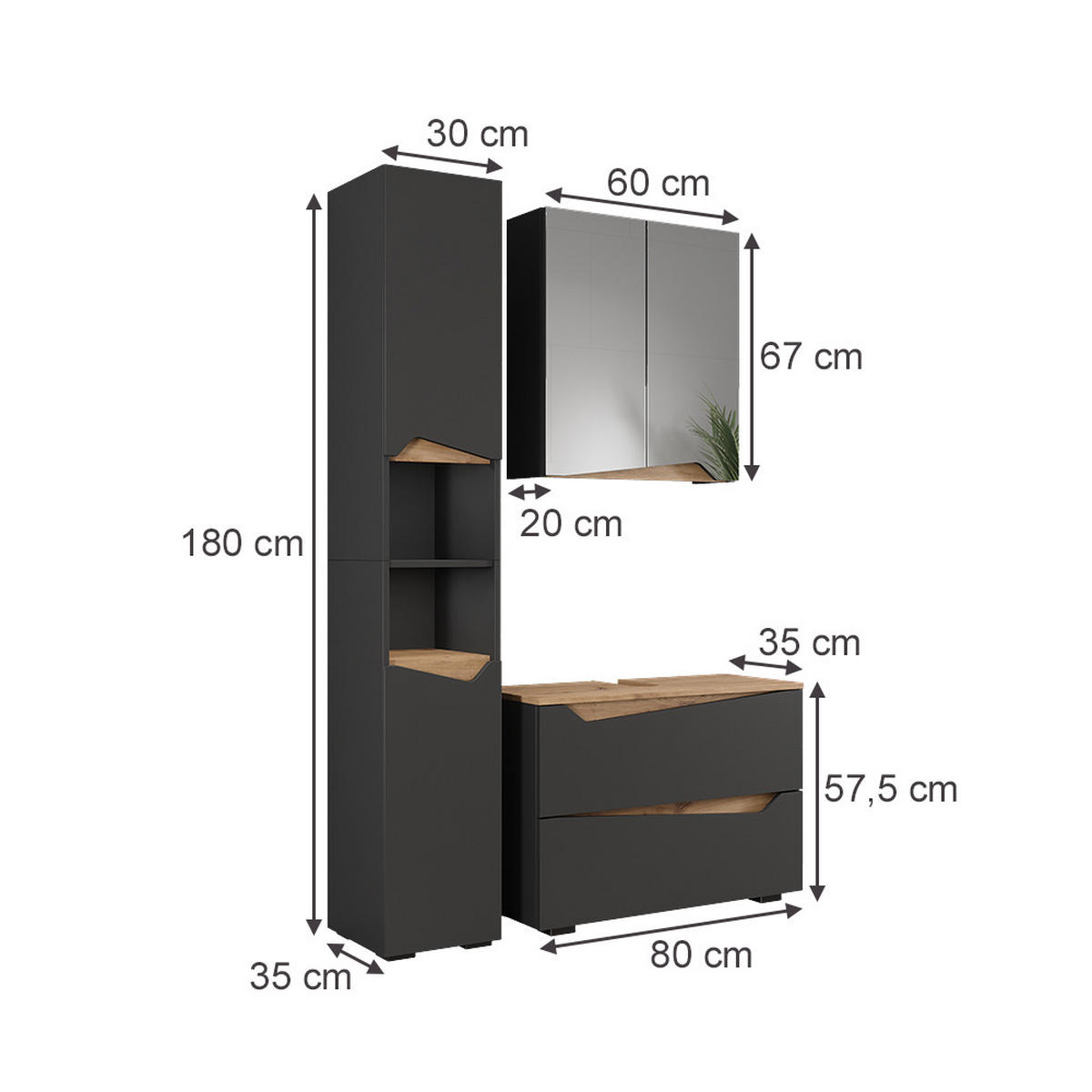 KOUPELNOVÝ NÁBYTEK Marelle Antracit/Artisan - antracitová/dub artisan, kompozitní dřevo (30/180/35cm) - Vicco